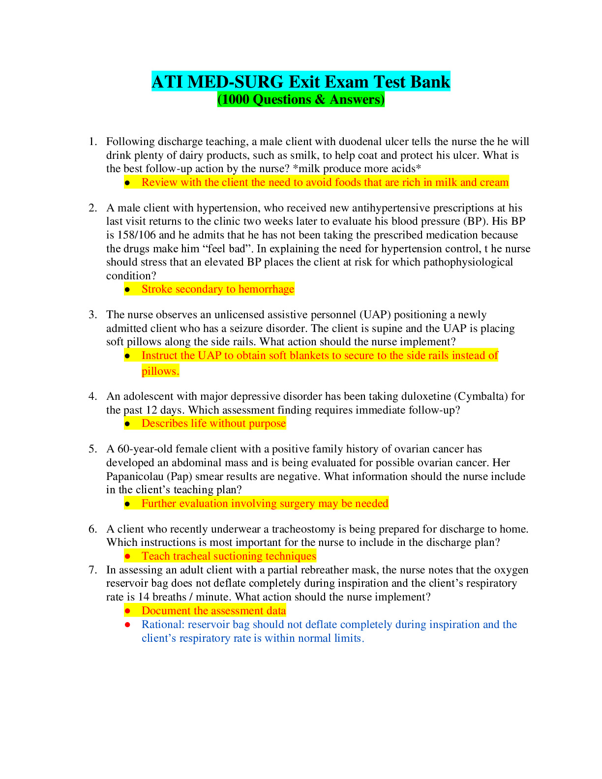 ATI MEDSURG EXIT EXAM TEST BANK(2 Versions) (Newest, 20242025) DocMerit