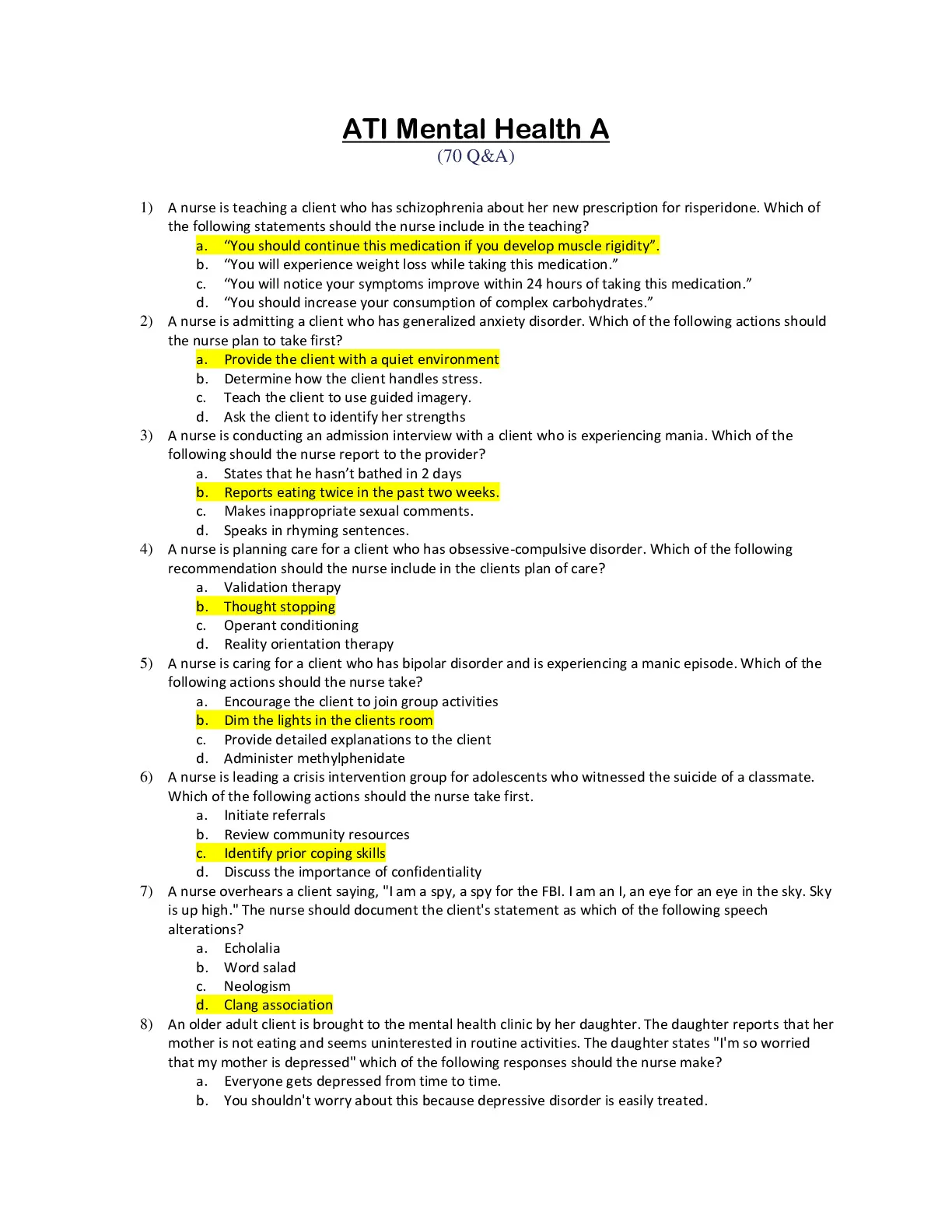 ATI MENTAL HEALTH EXAM A (70 QUESTIONS WITH ANSWERS) (Newest, 2024-2025 ...