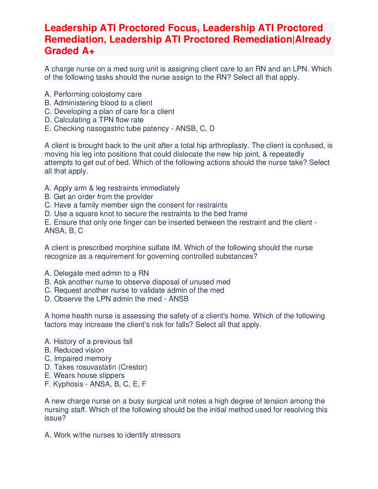 Leadership ATI Proctored Focus, Leadership ATI Proctored Remediation ...