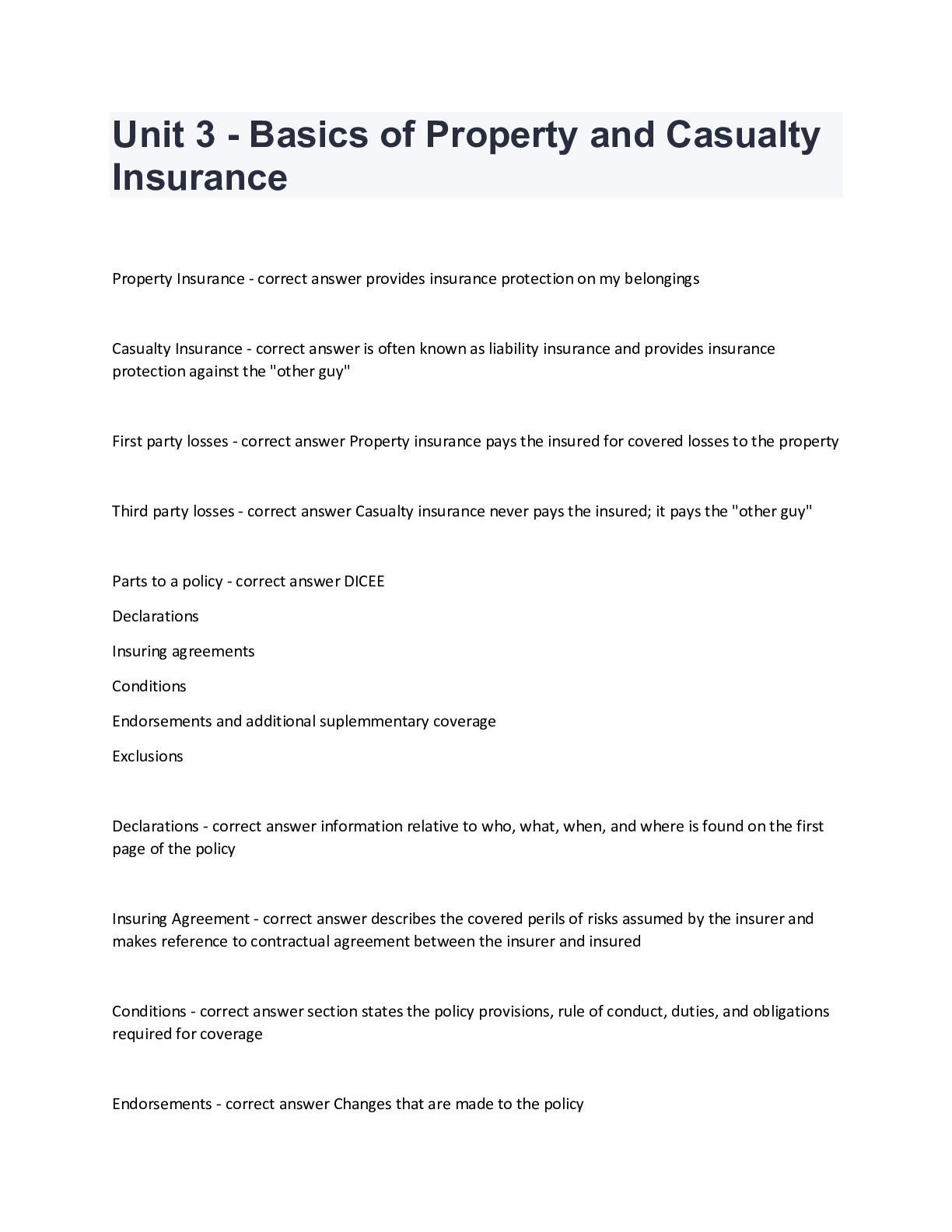 Unit 3 - Basics of Property and Casualty Insurance 2024