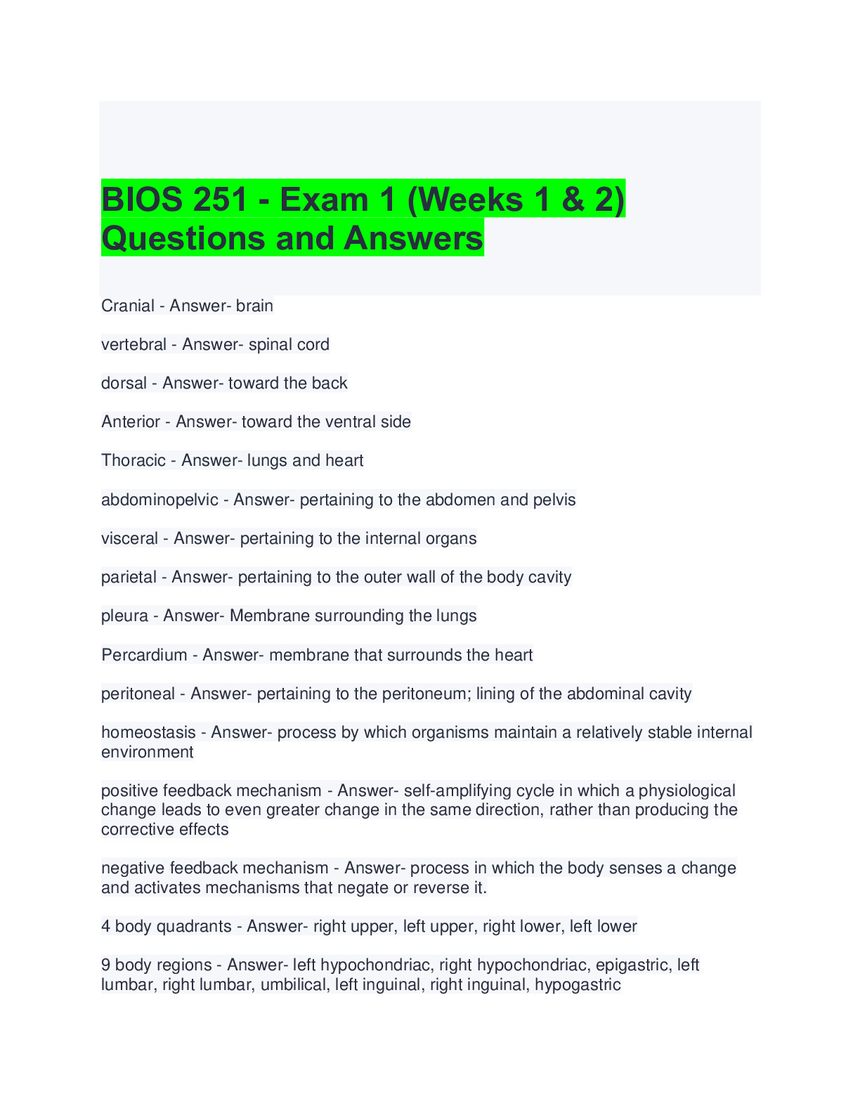 BIOS 251 - Exam 1 (Weeks 1 & 2) Questions and Answers