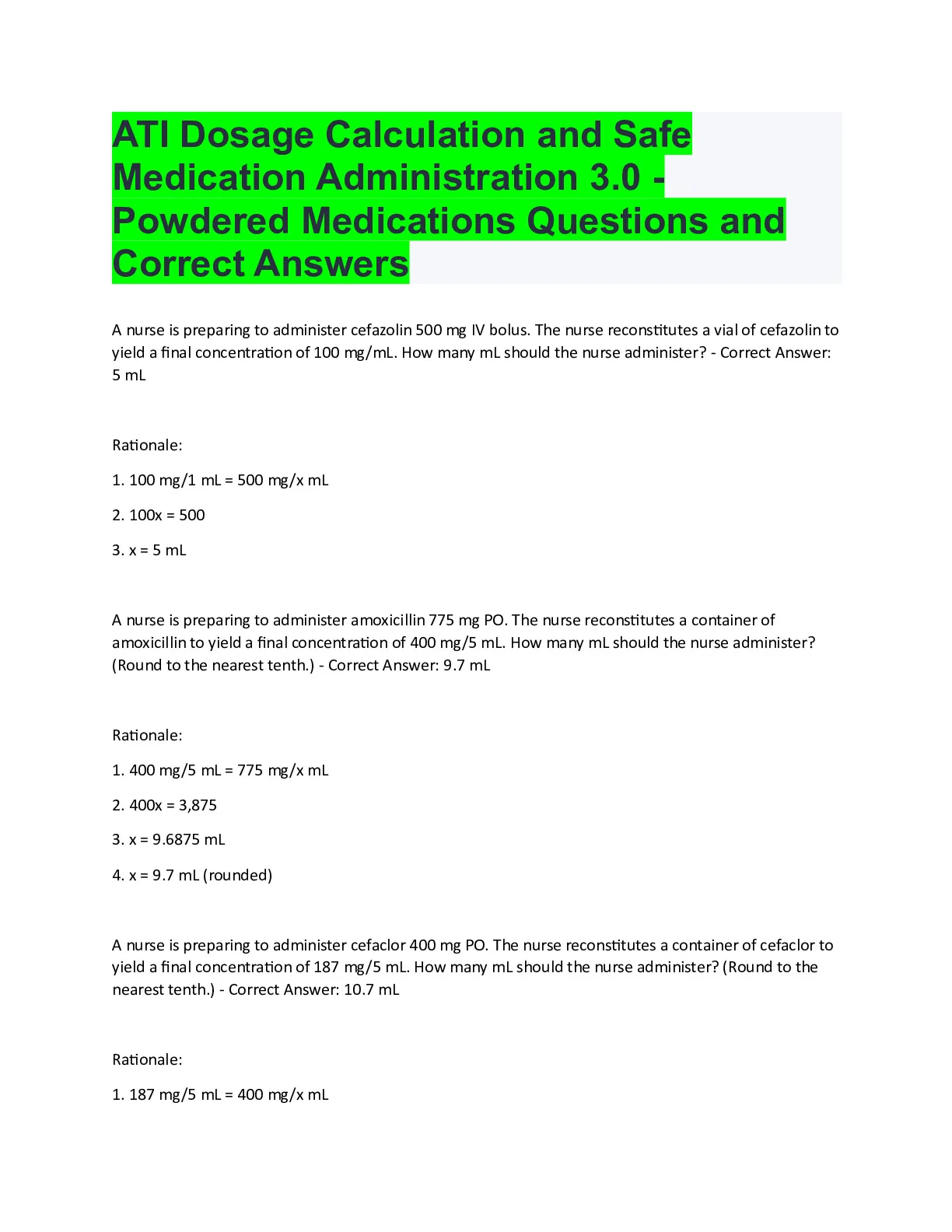 ATI Dosage Calculation and Safe Medication Administration 3.0 ...