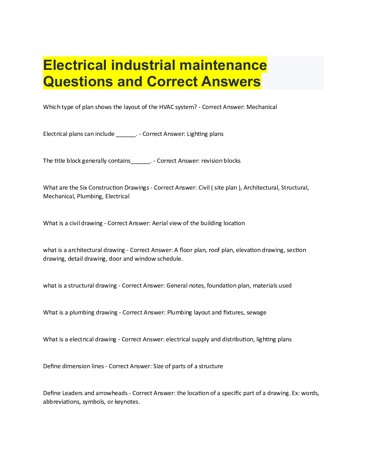 Electrical industrial maintenance Questions and Correct Answers 