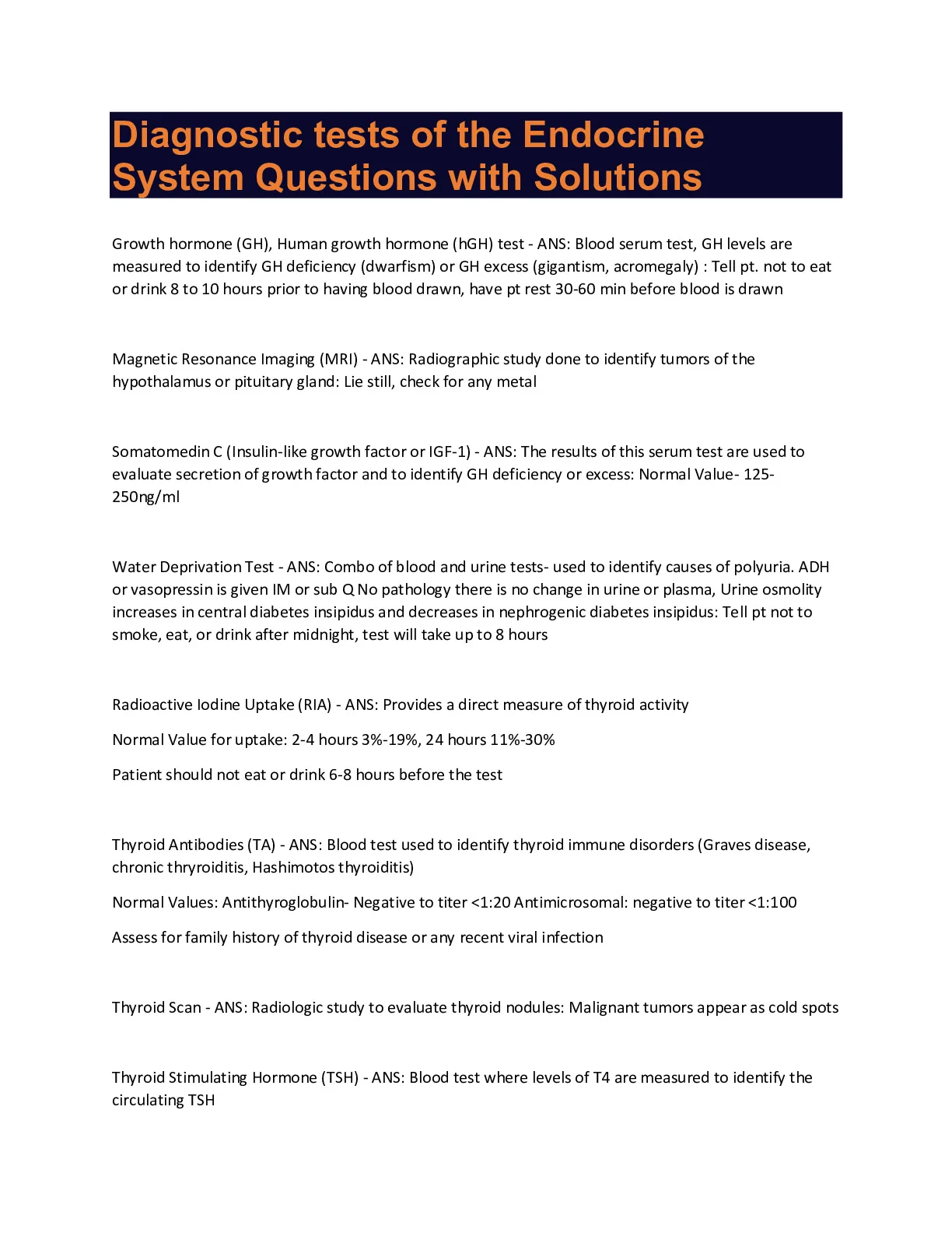 Diagnostic tests of the Endocrine System Questions with Solutions ...
