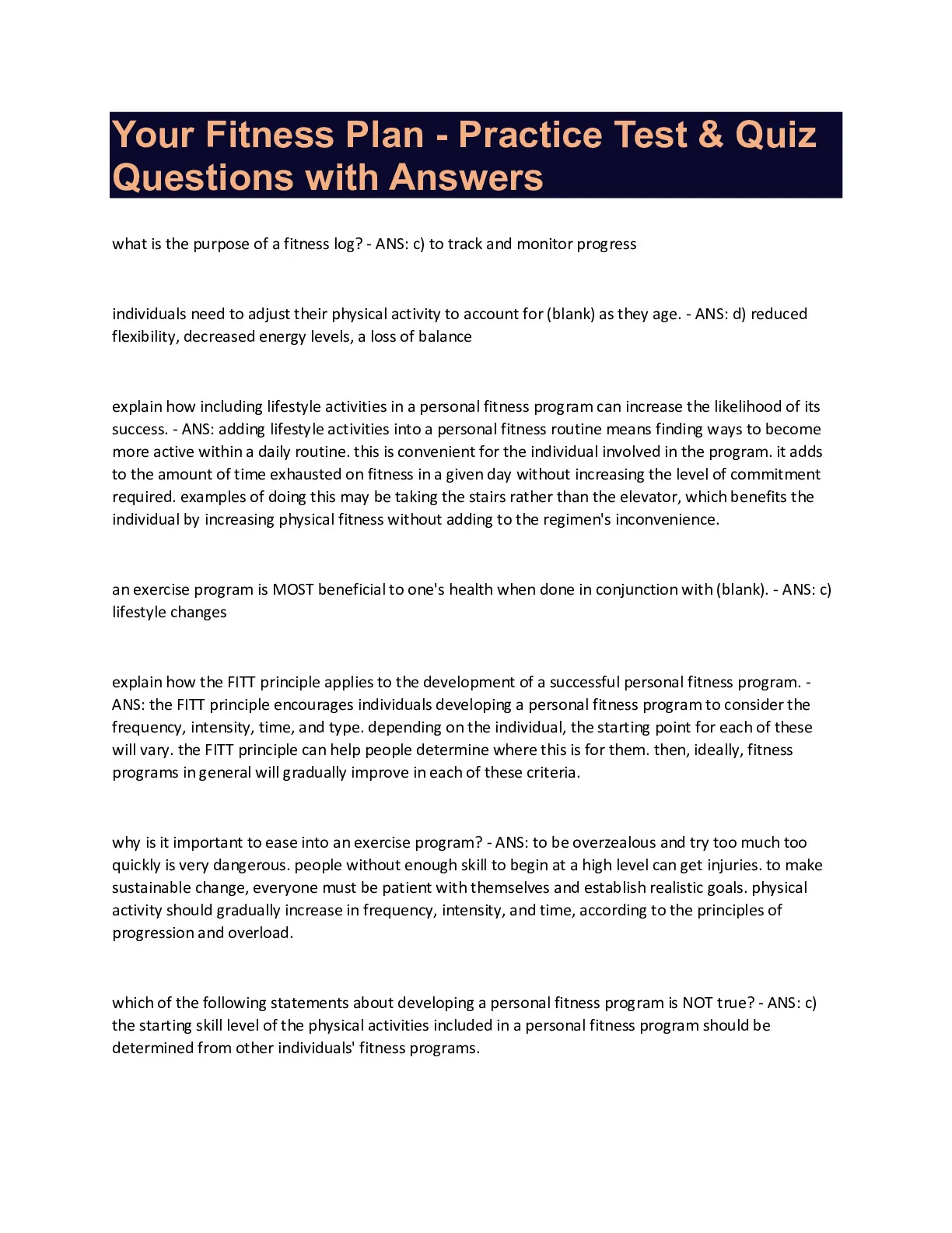 Your Fitness Plan - Practice Test and Quiz Questions with Answers ...