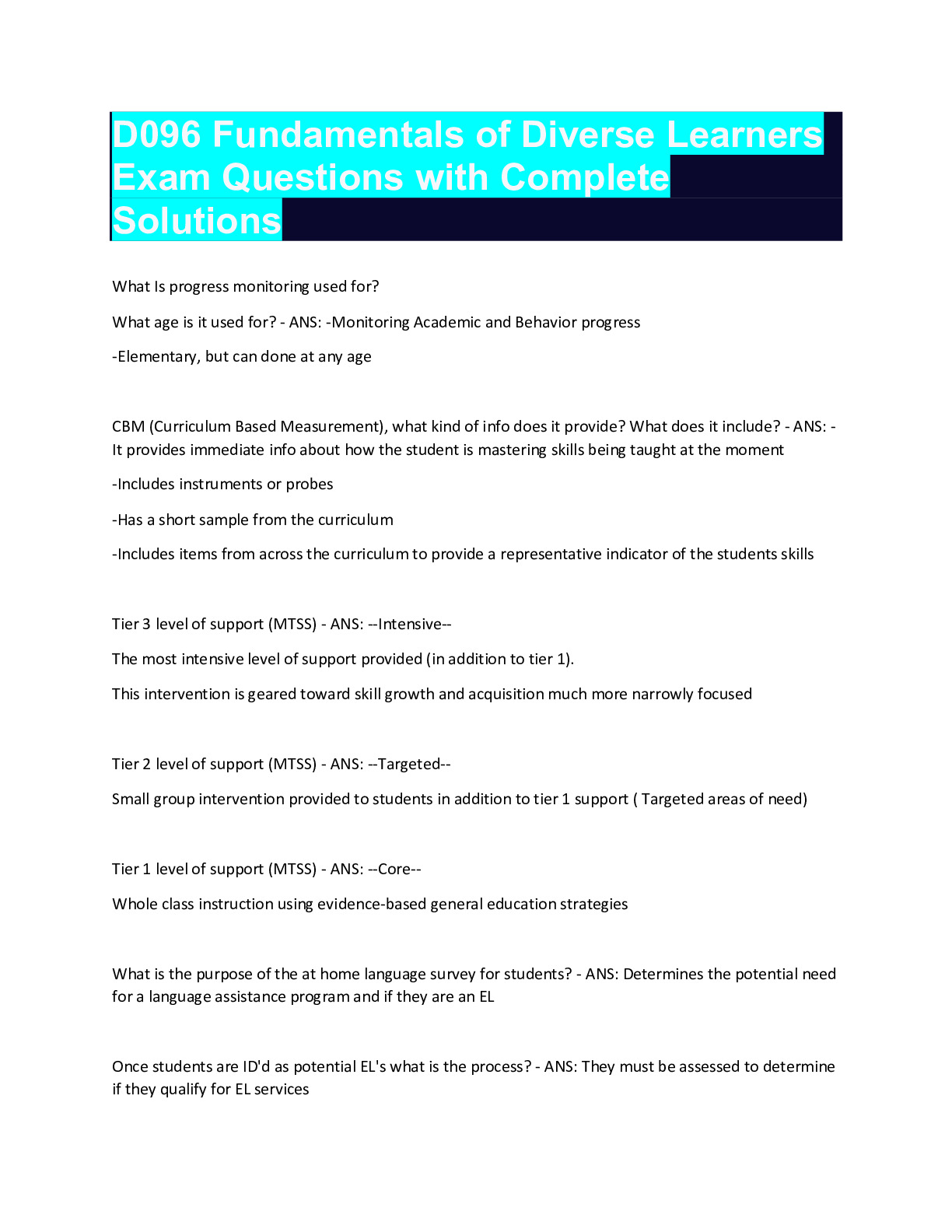 D096 Fundamentals of Diverse Learners Exam Questions with Complete Solutions