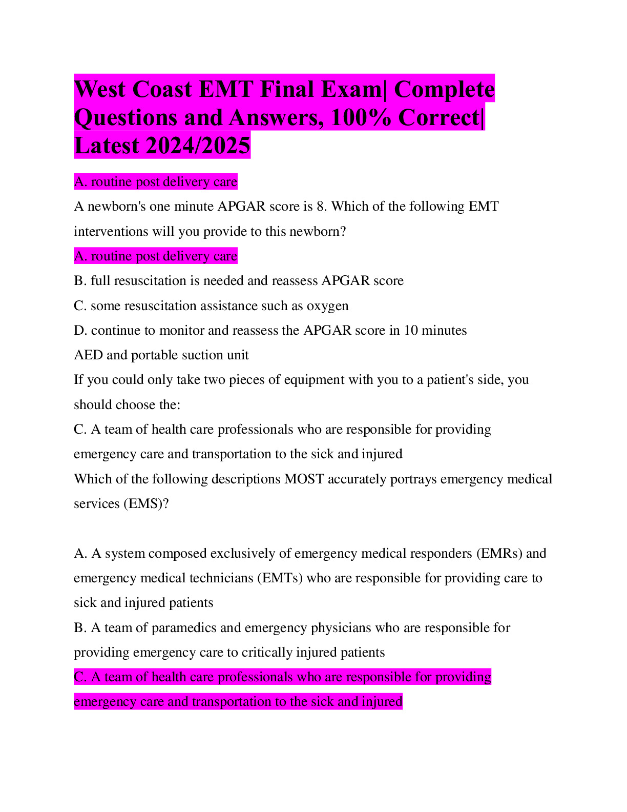 West Coast EMT Final Exam| Complete Questions And Answers, 100% Correct ...