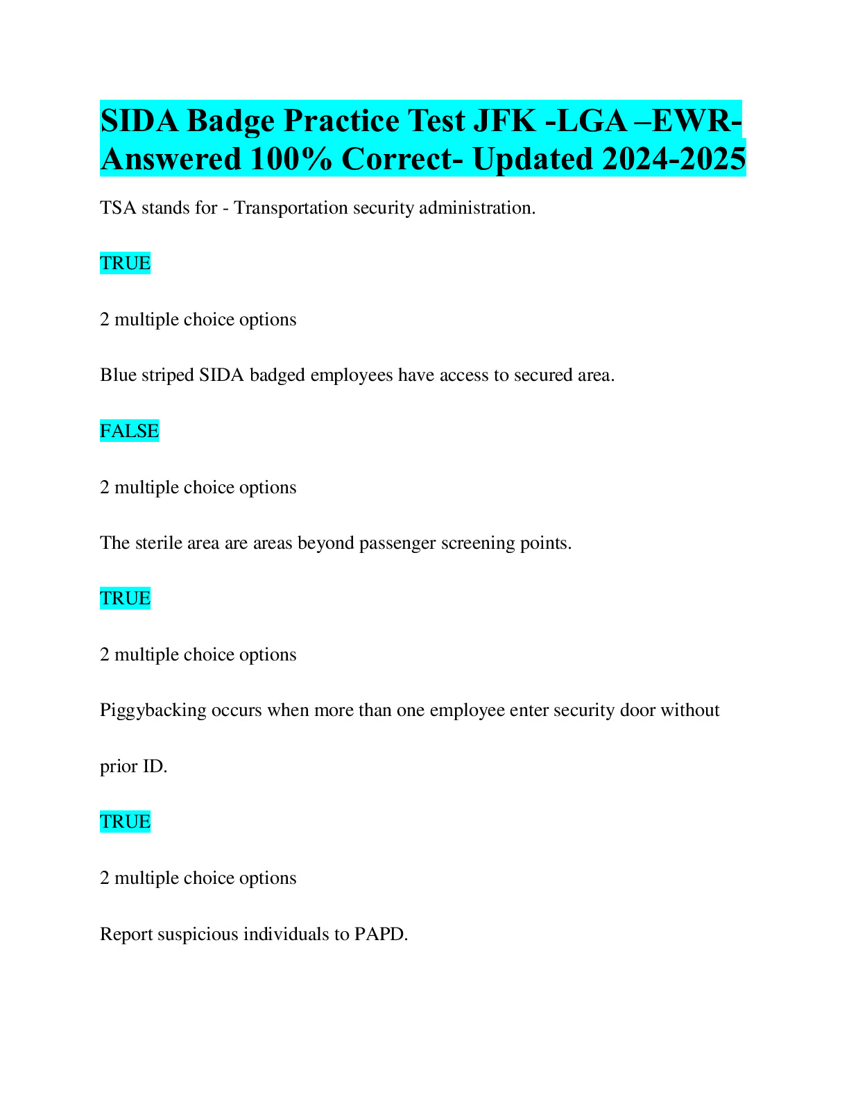 SIDA BadgeSIDA Badge Practice Test JFK LGA EWRSIDA study guideSida