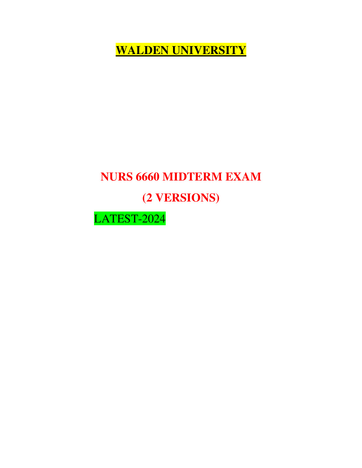 NURS6660N FINAL EXAM (2 VERSIONS, NEW-2024) & NURS6660N MIDTERM EXAM (2 ...