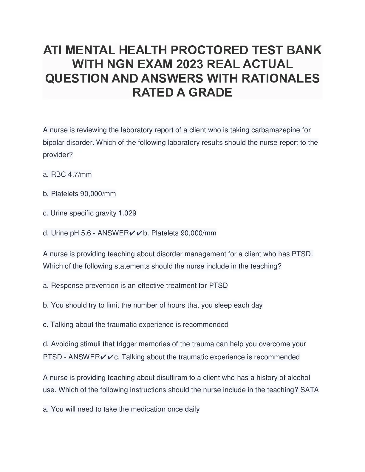 ATI MENTAL HEALTH PROCTORED TEST BANK WITH NGN EXAM 2023 REAL ACTUAL QUESTION AND ANSWERS