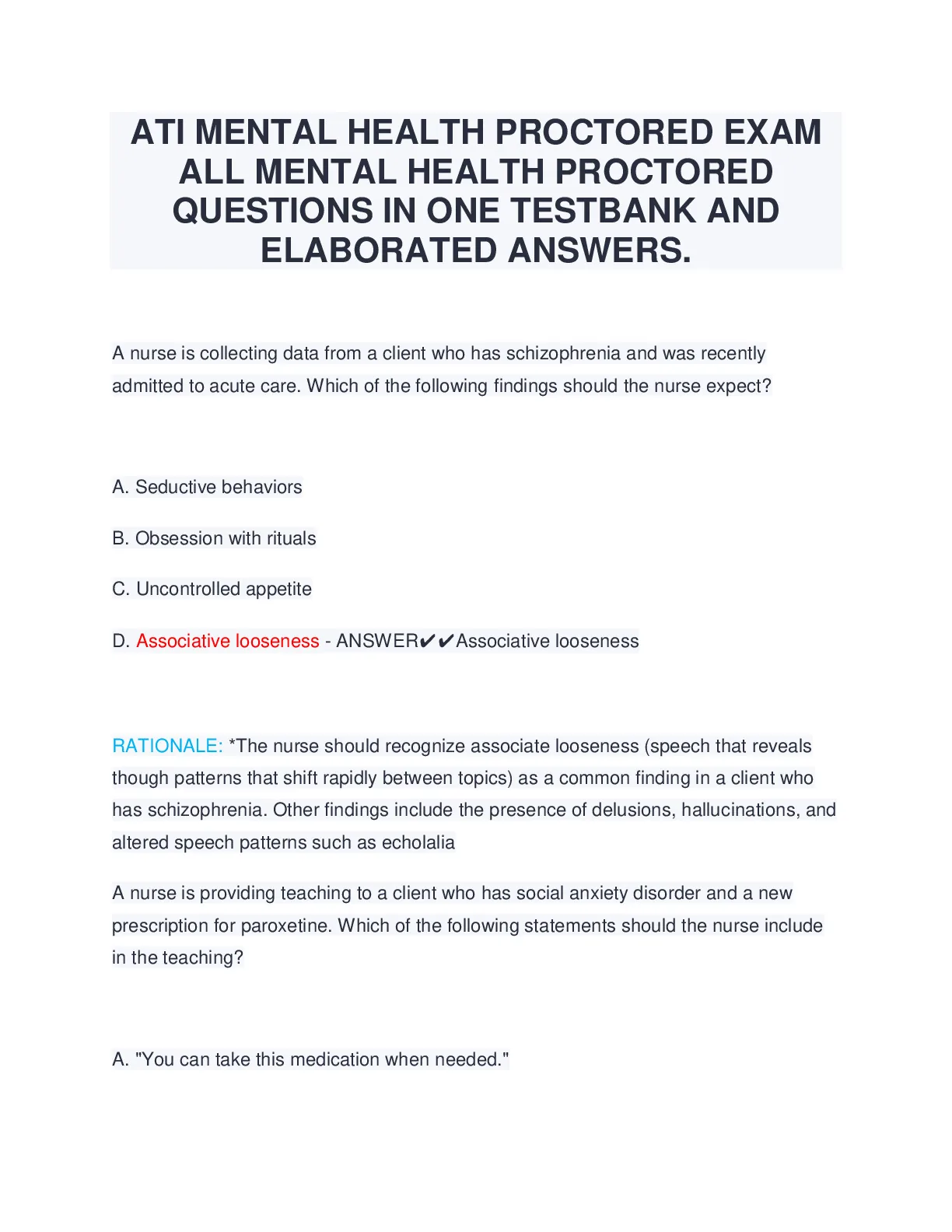 ATI MENTAL HEALTH PROCTORED EXAM ALL MENTAL HEALTH PROCTORED QUESTIONS IN ONE TESTBANK