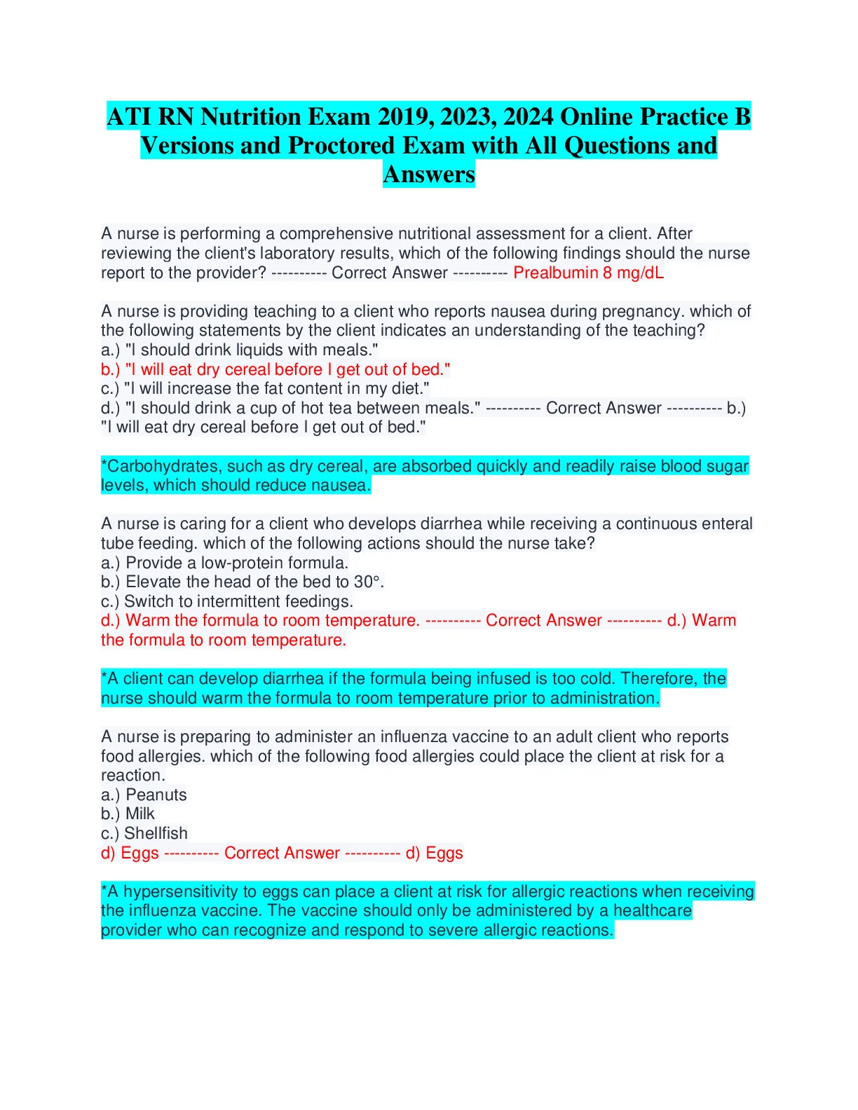 ATI RN Nutrition Exam 2019, 2023, 2024 Online Practice B Versions and Proctored Exam - DocMerit