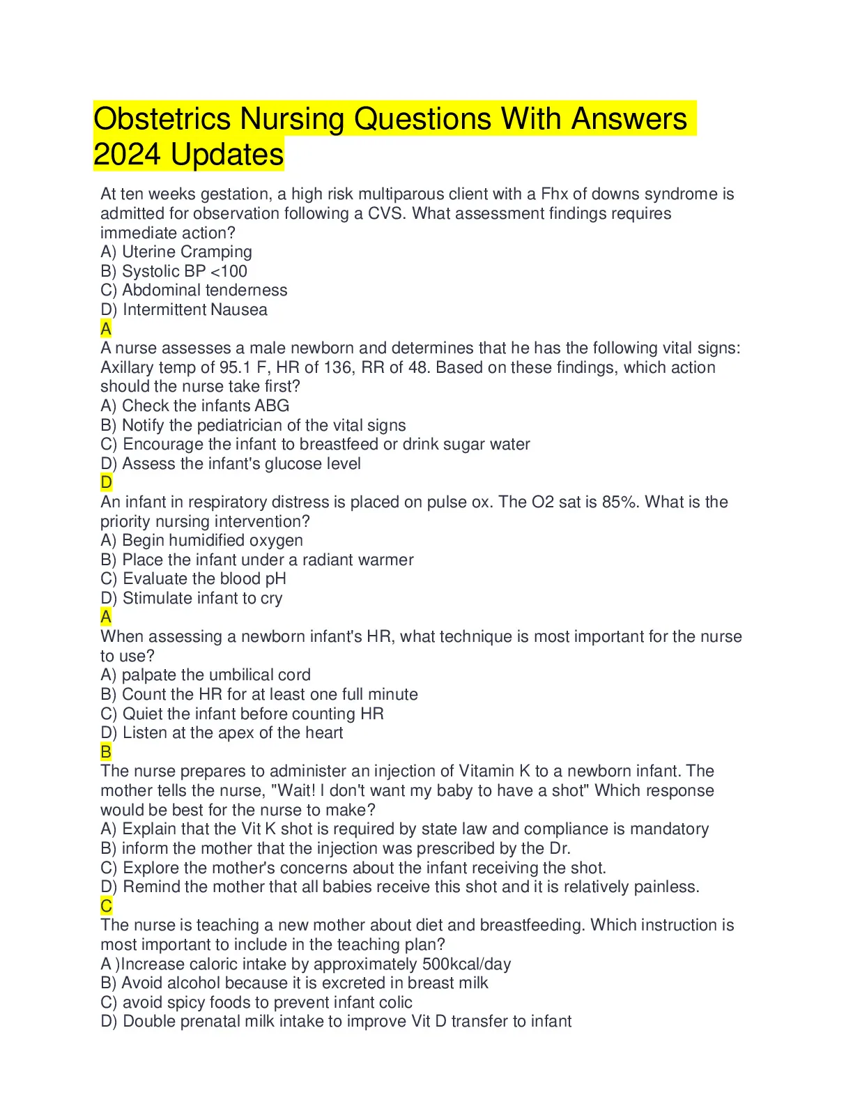 Obstetrics Nursing Questions With Answers 2024 Updates - DocMerit