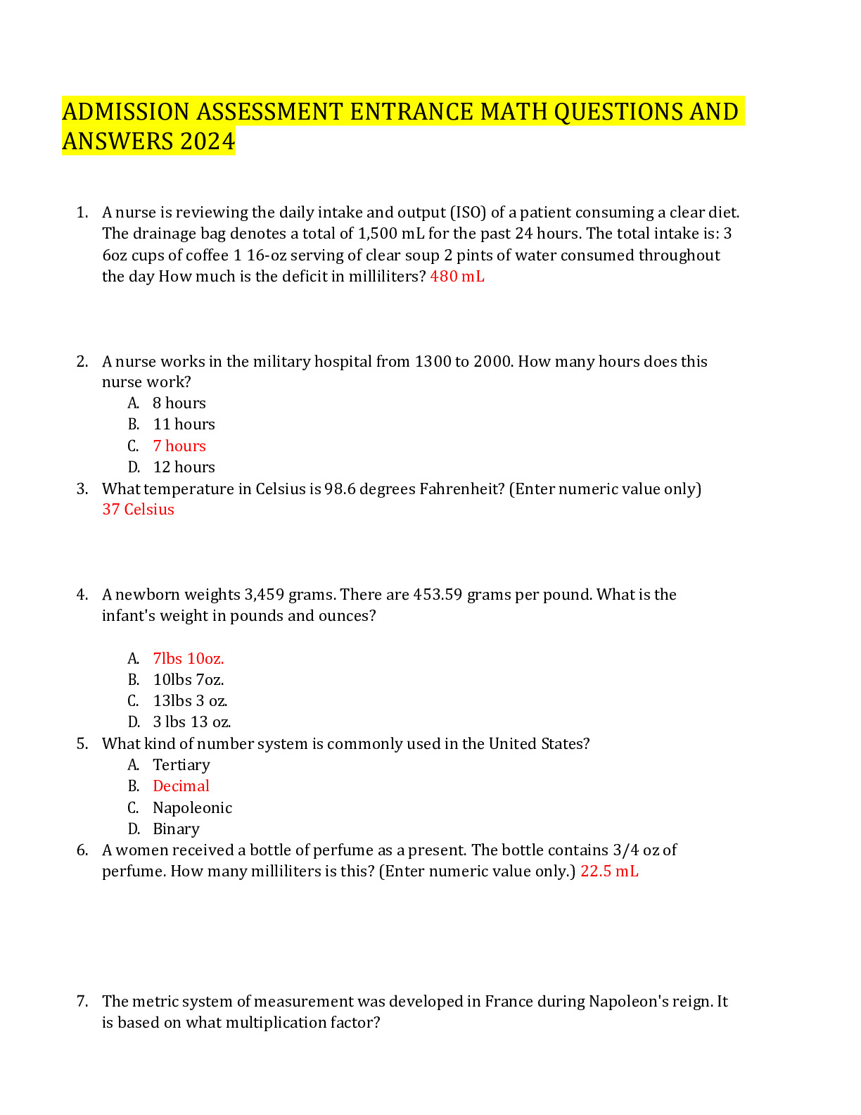 ADMISSION ASSESSMENT ENTRANCE MATH QUESTIONS AND ANSWERS 2024