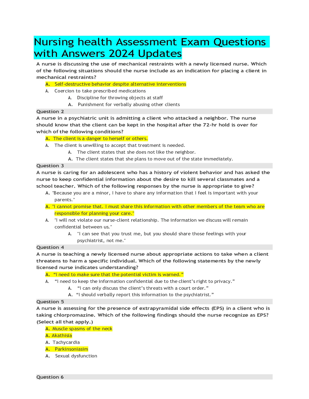 Nursing health Assessment Exam Questions with Answers 2024 Updates ...