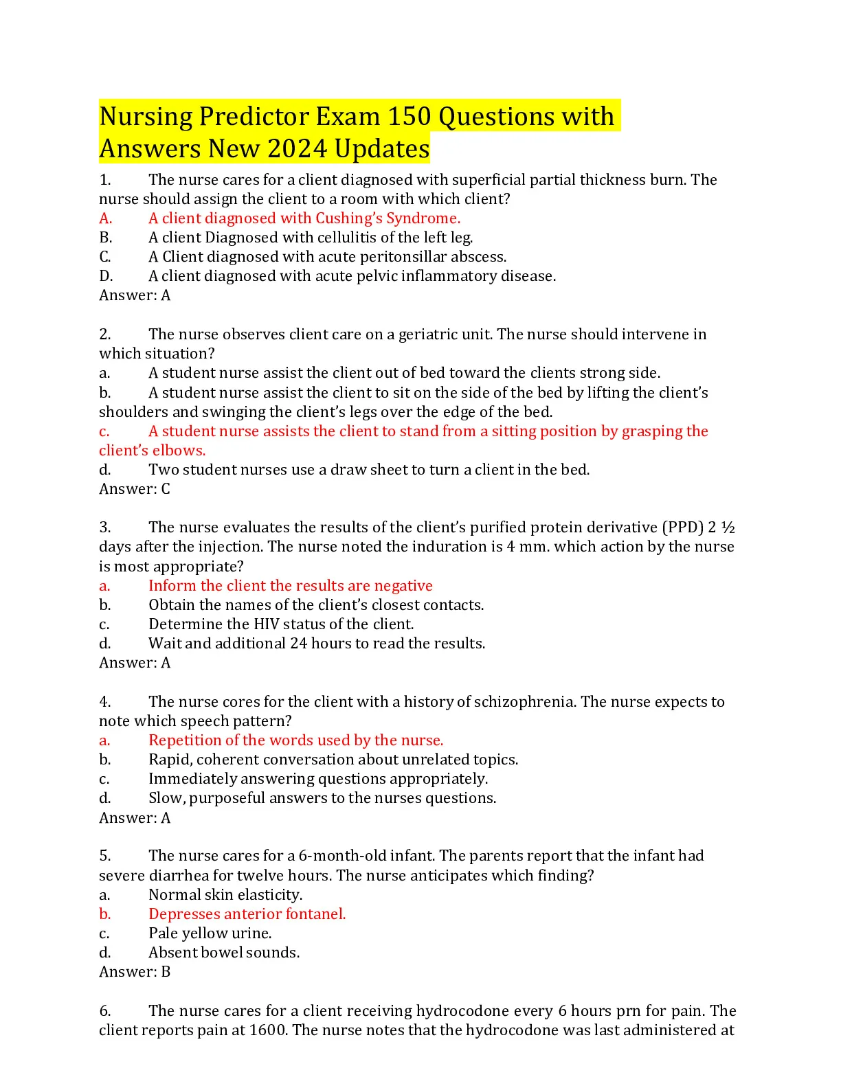 Nursing Predictor Exam 150 Questions with Answers New 2024 Updates ...