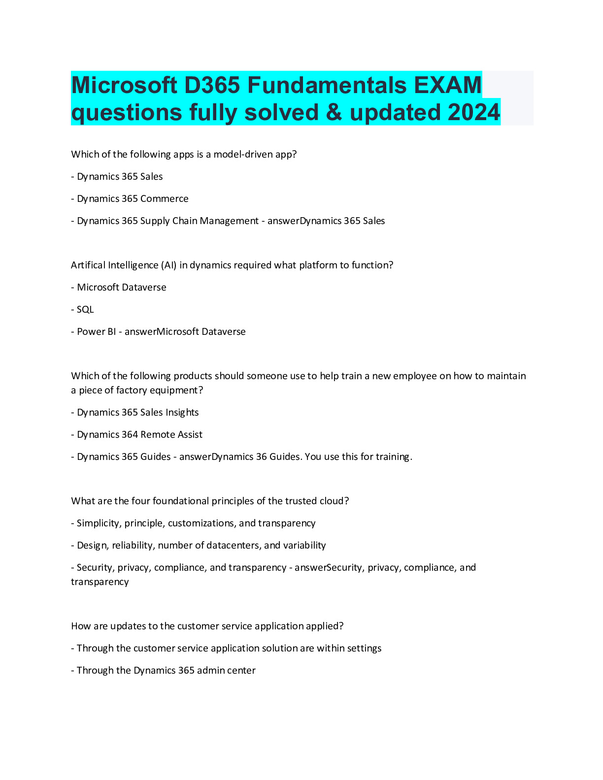 Microsoft D365 Fundamentals EXAM questions fully solved & updated 2024 ...
