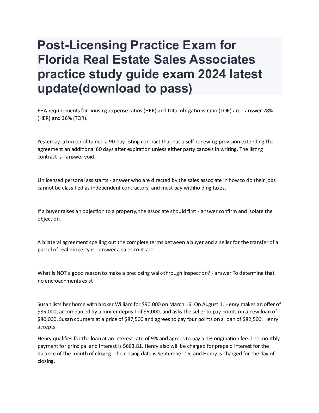Post-Licensing Practice Exam for Florida Real Estate Sales 