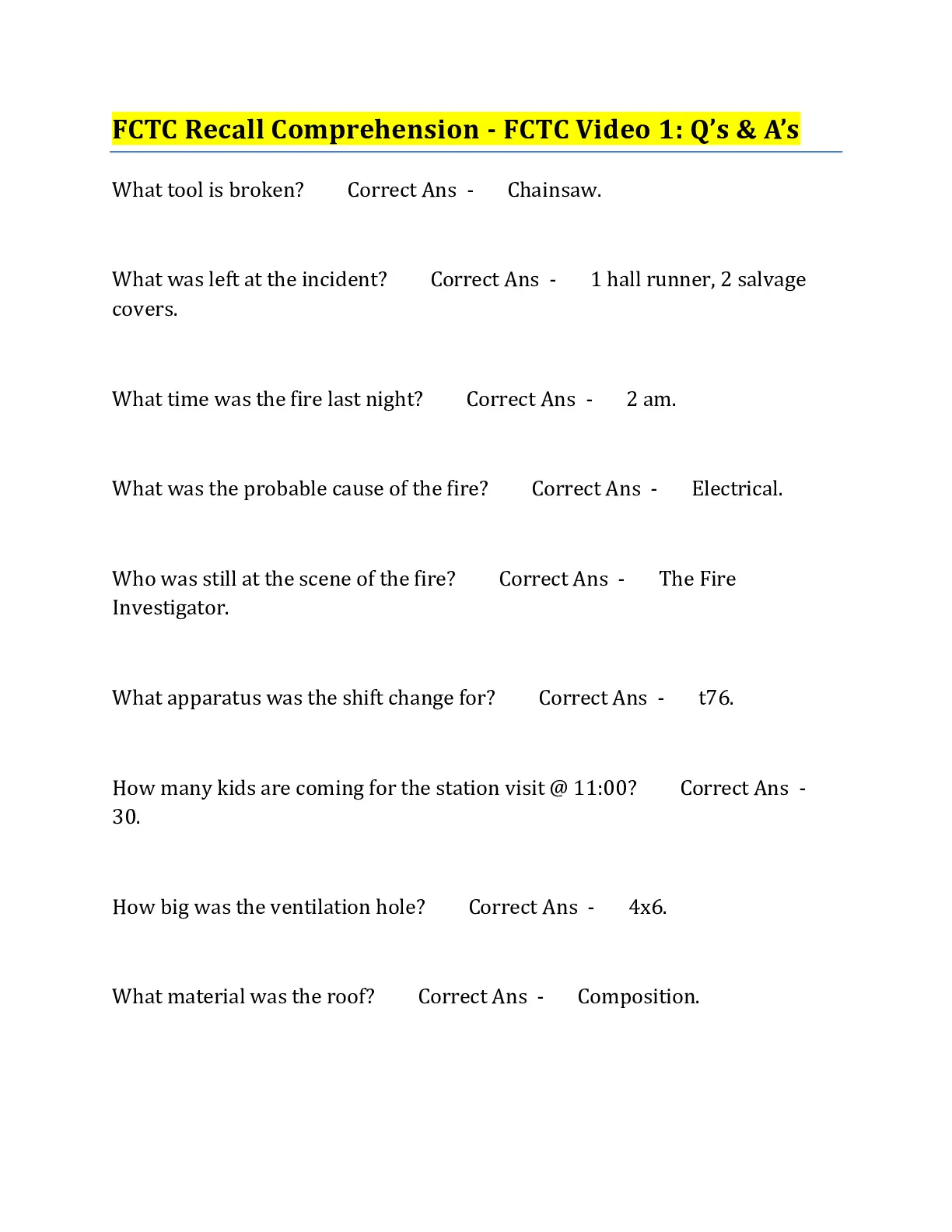 FCTC Recall Comprehension - FCTC Video 1: Q’s & A’s