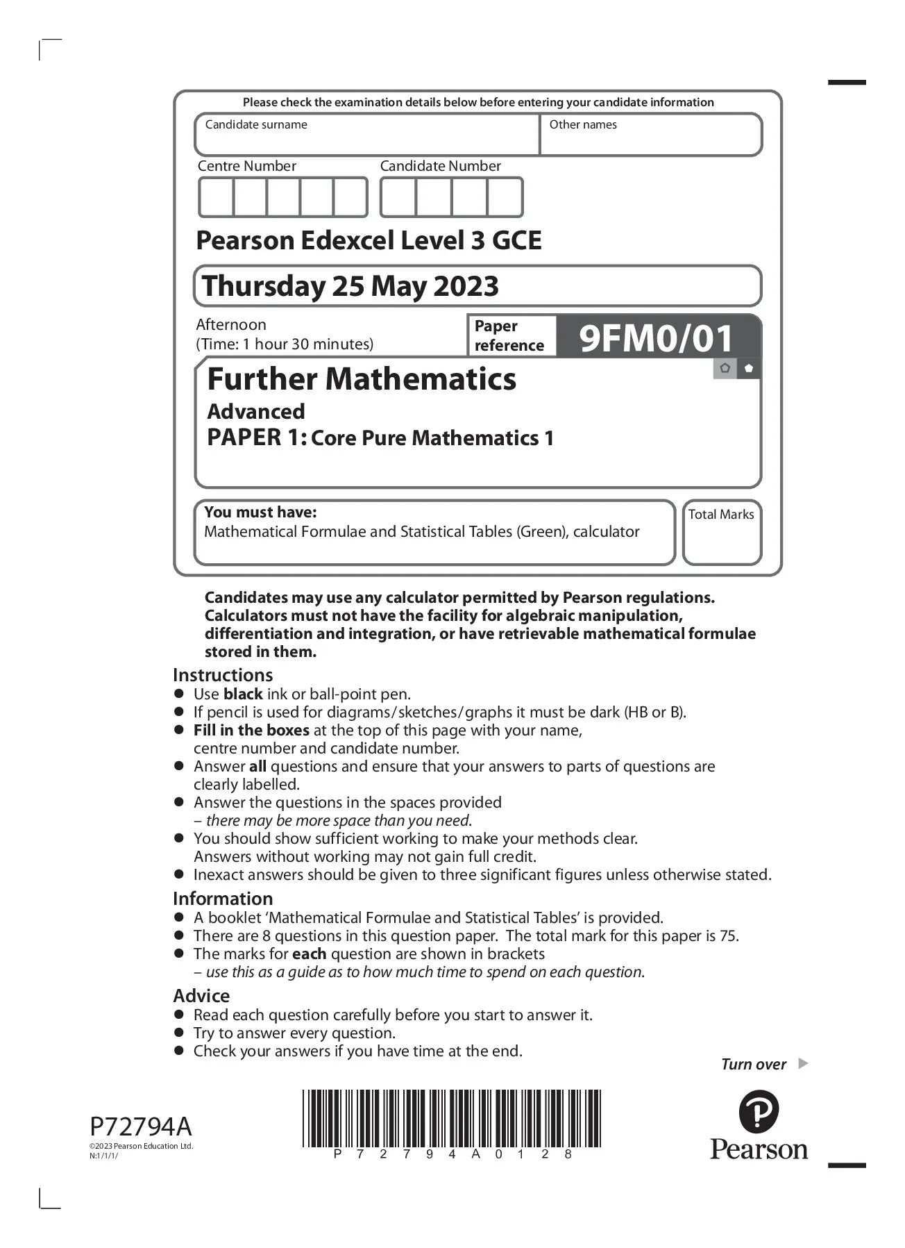 PEARSON EDEXCEL A LEVEL JUNE 2023 FURTHER MATHS QUESTION PAPER 1 - Core ...