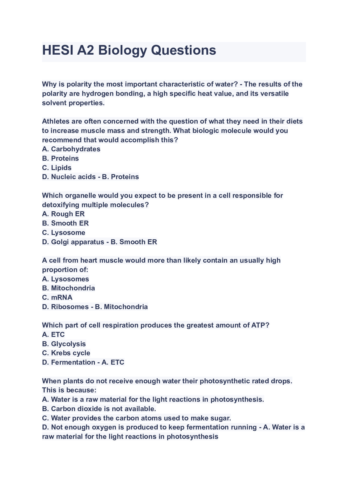 HESI A2 Biology Exam (Questions and Answers) / Latest 2024