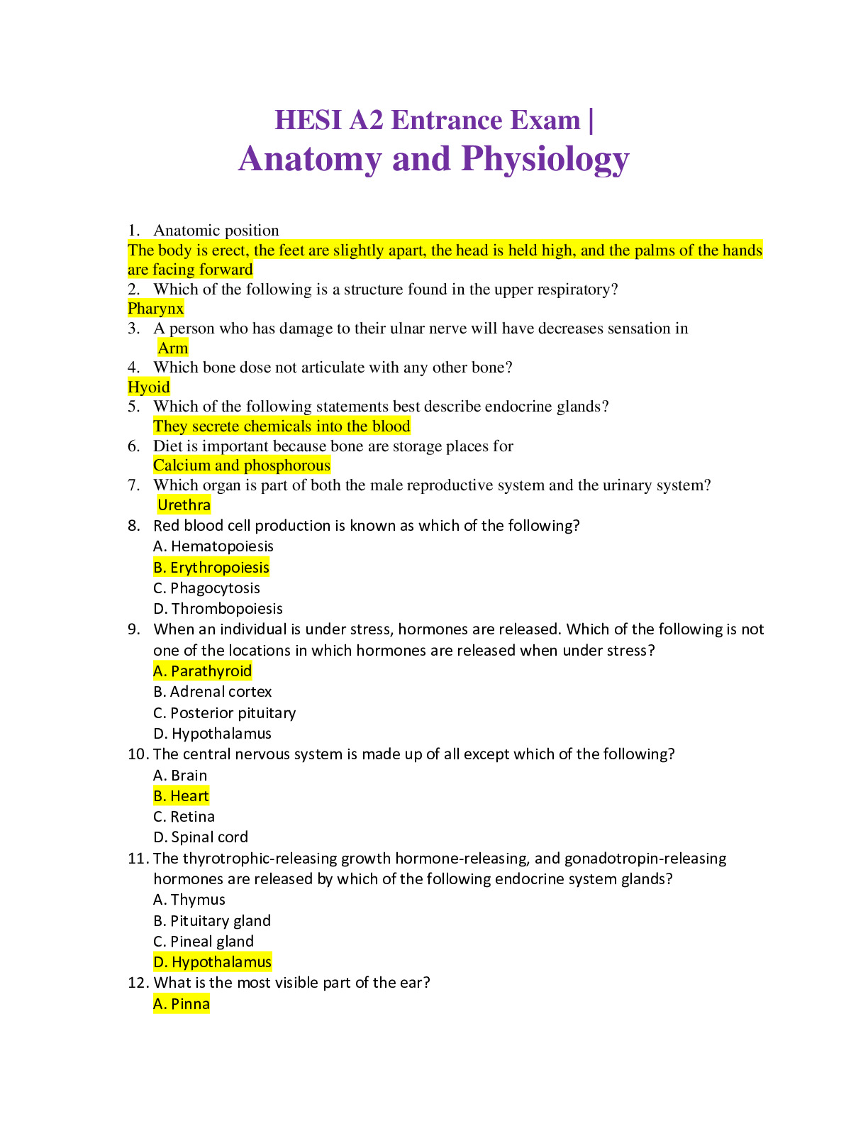HESI A2 Anatomy & Physiology Exam (with Verified Answers) / 2024