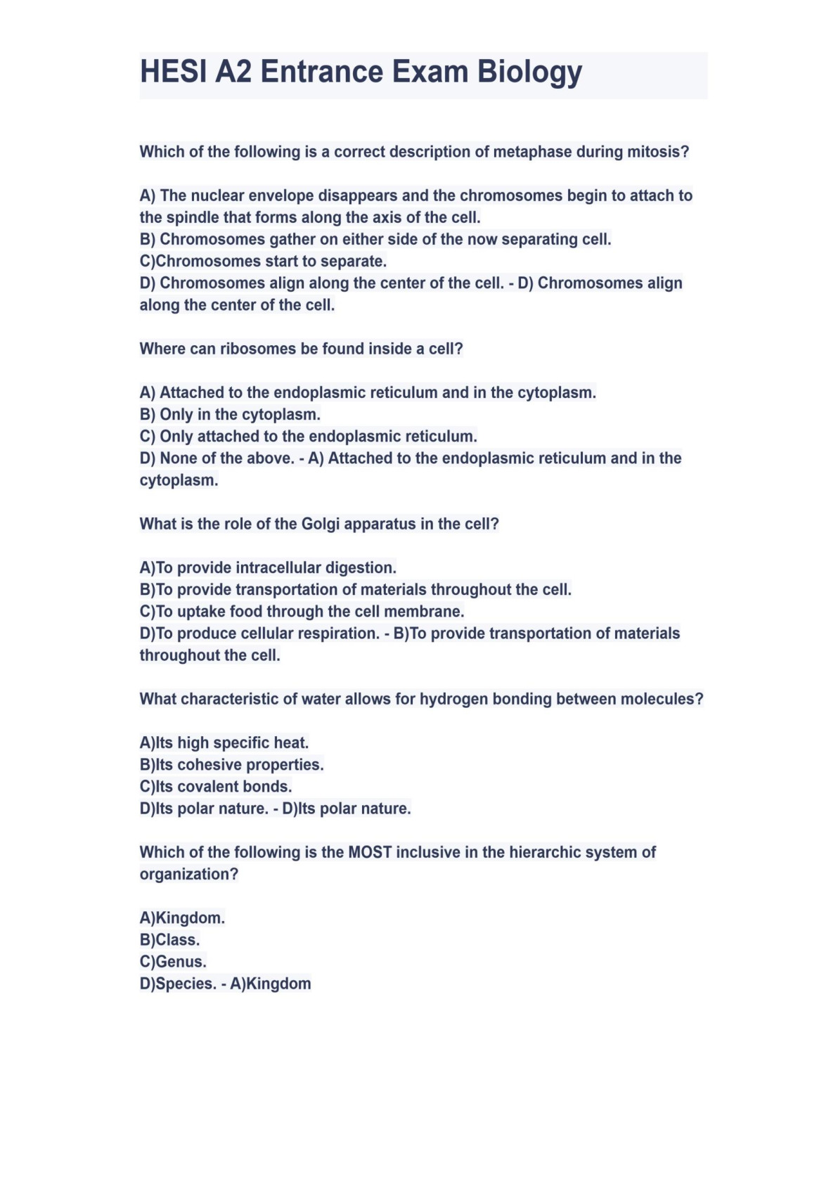 HESI A2 Biology Entrance Exam Bundle for 2024 - DocMerit