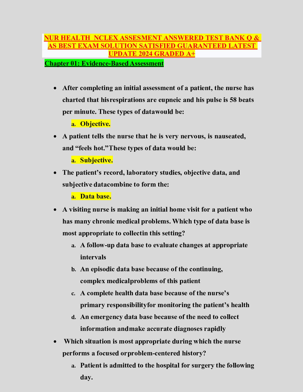 NUR HEALTH  NCLEX ASSESMENT ANSWERED TEST BANK Q &AS BEST EXAM SOLUTION SATISFIED GUARANTEED LATEST