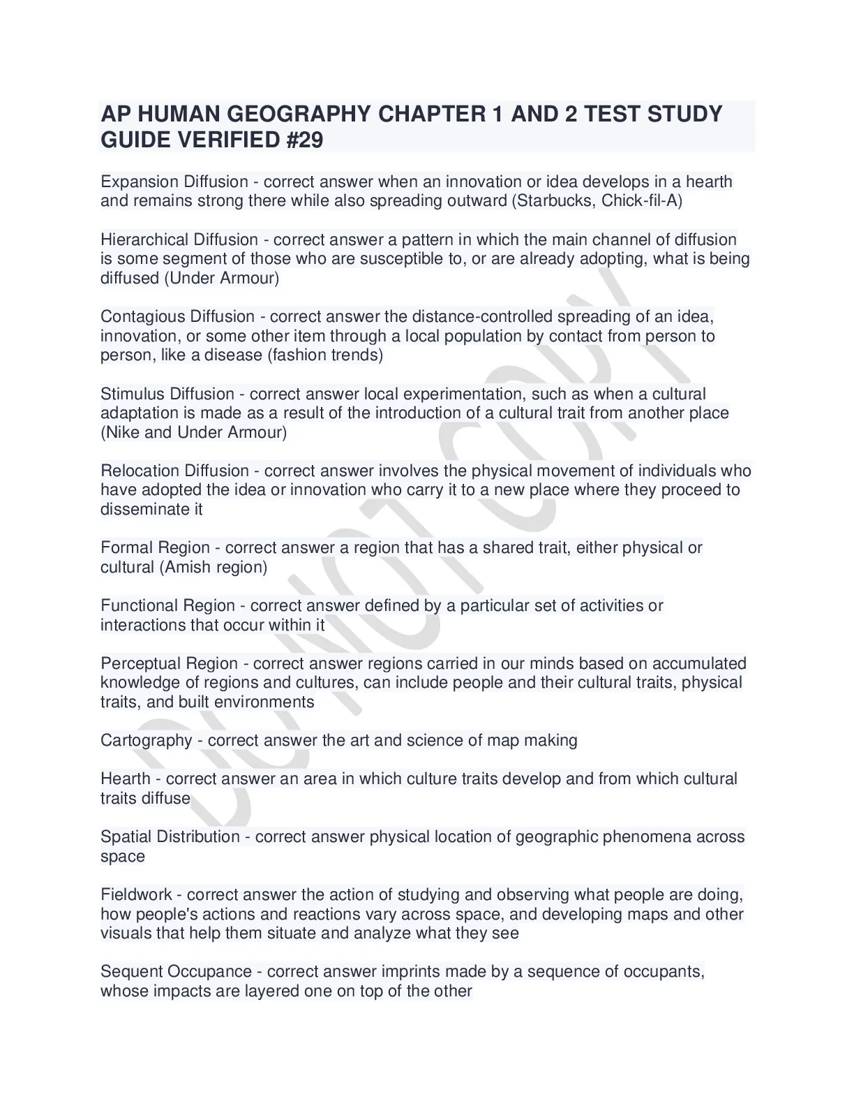 AP HUMAN GEOGRAPHY CHAPTER 1 AND 2 TEST STUDY GUIDE VERIFIED -29