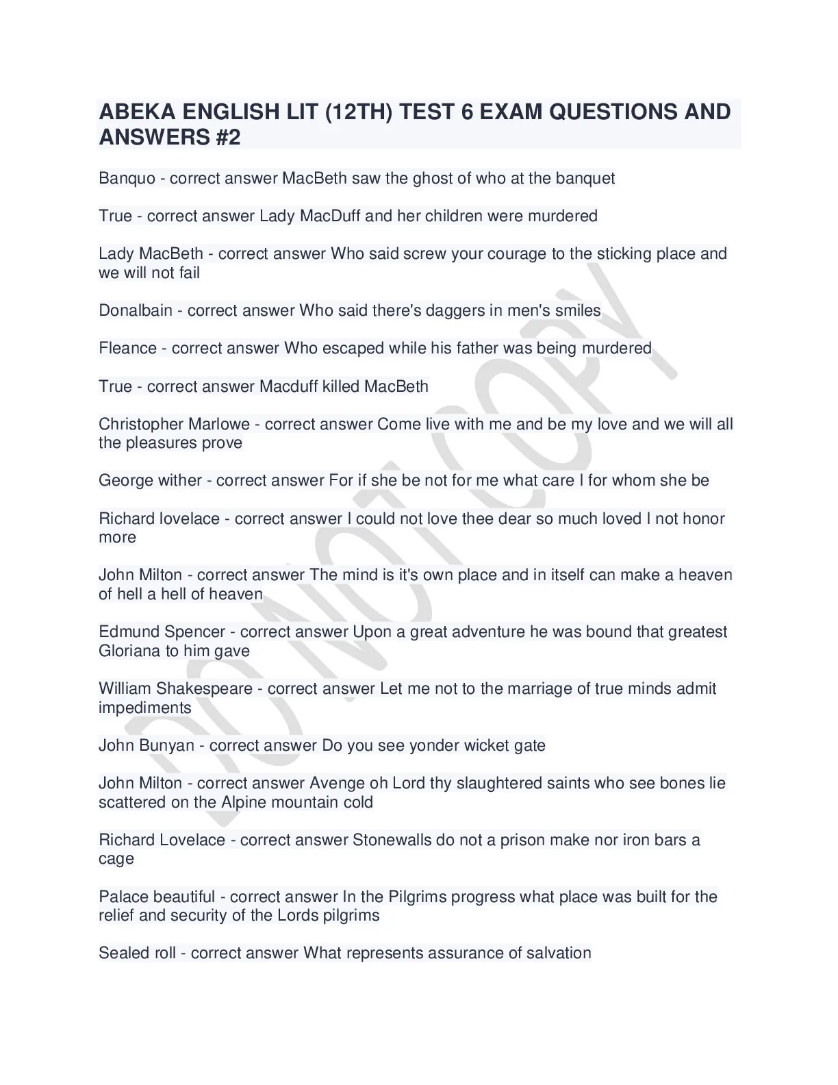 ABEKA ENGLISH LITERATURE TEST 6 EXAM BUNDLE QUESTIONS AND ANSWERS FULLY ...