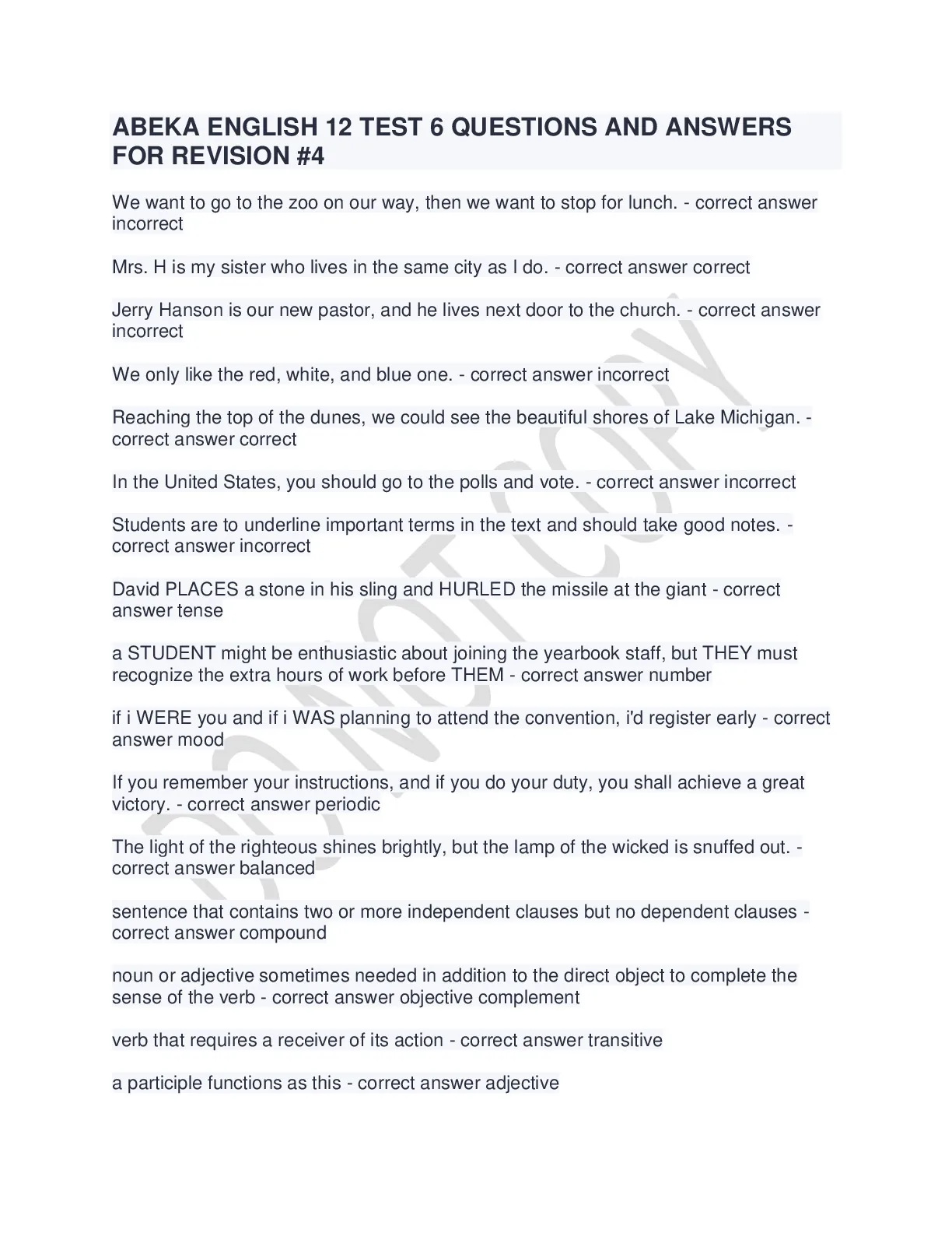 ABEKA ENGLISH 12 TEST 6 QUESTIONS AND ANSWERS - DocMerit