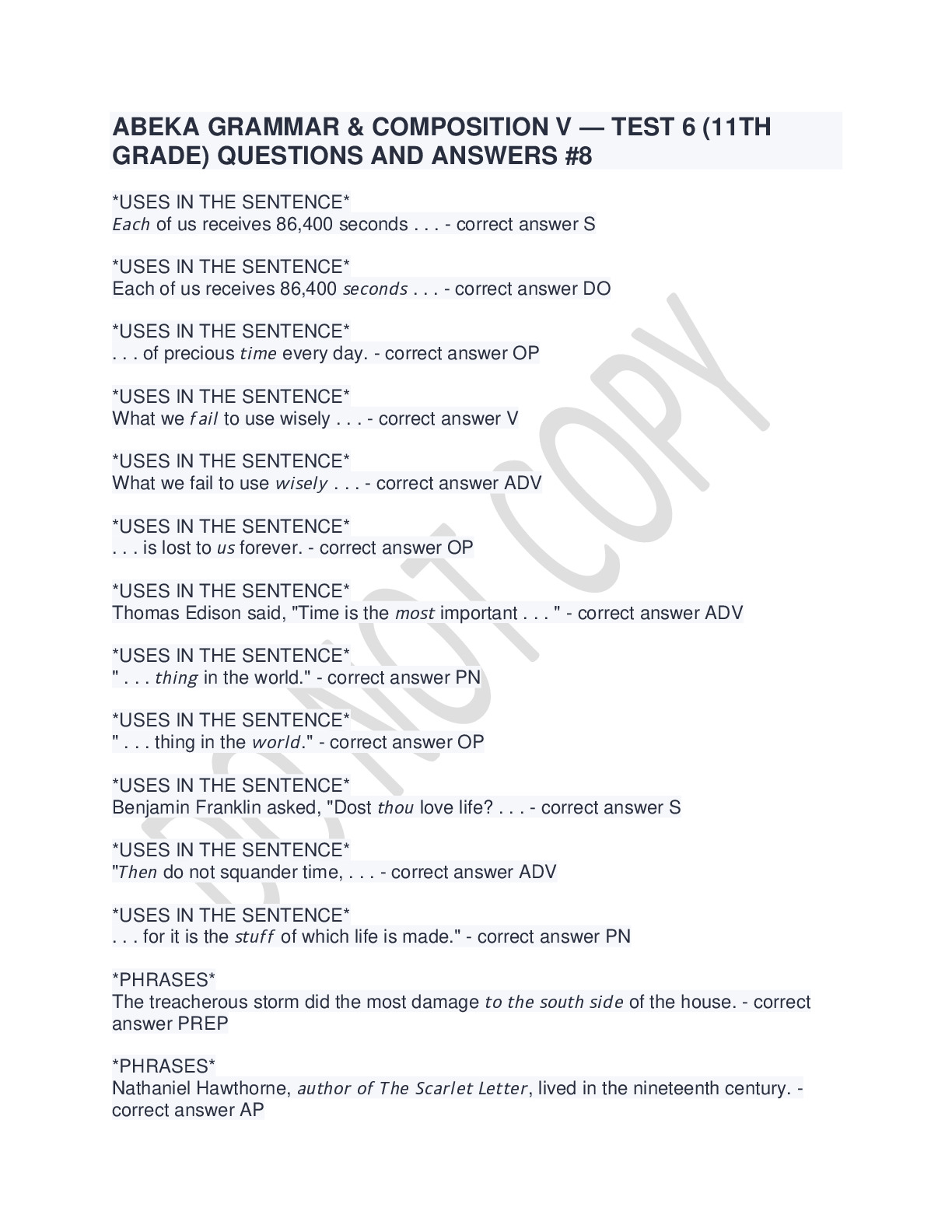 Abeka grammar composition v test 6 11th grade questions and
