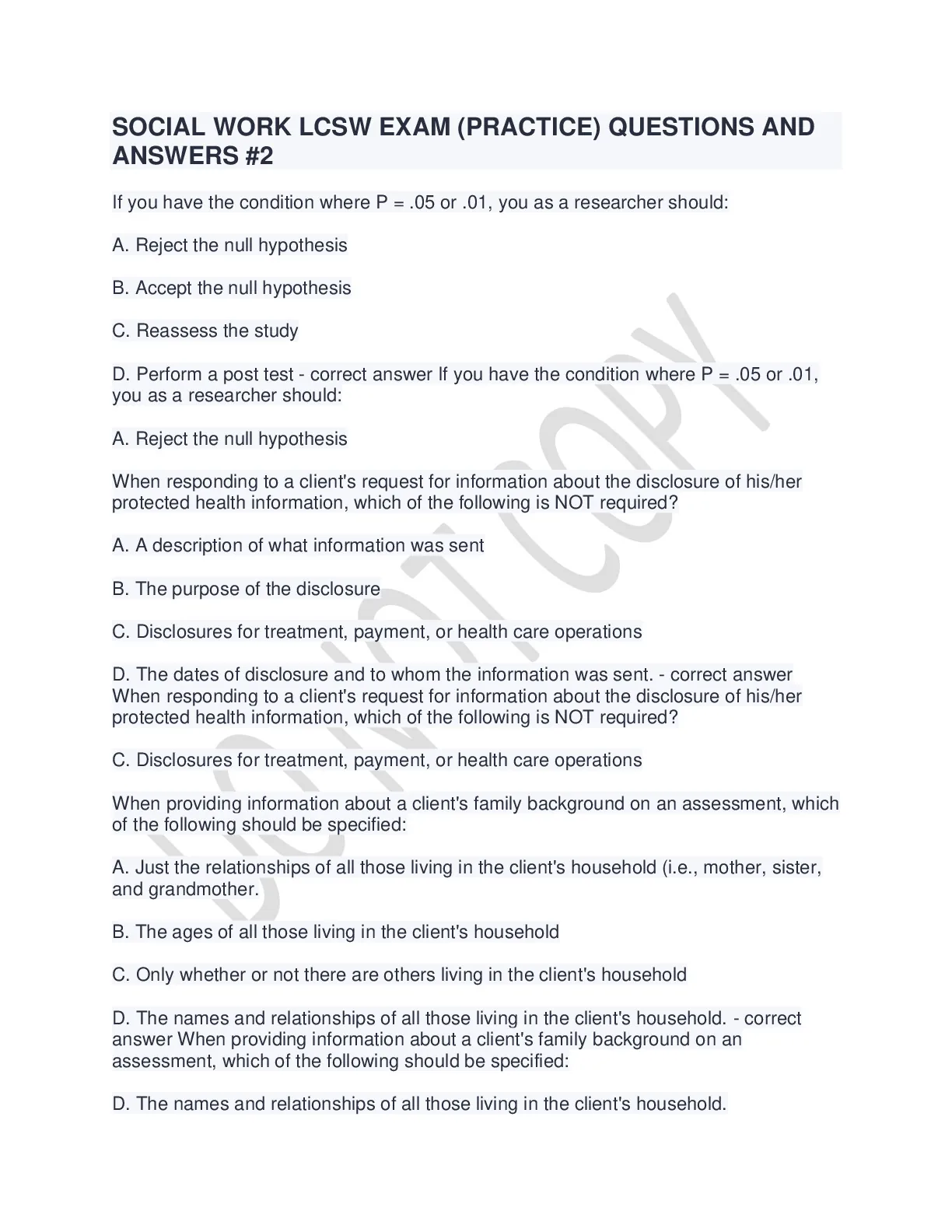 SOCIAL WORK LCSW EXAM (PRACTICE) QUESTIONS AND ANSWERS -2. - DocMerit