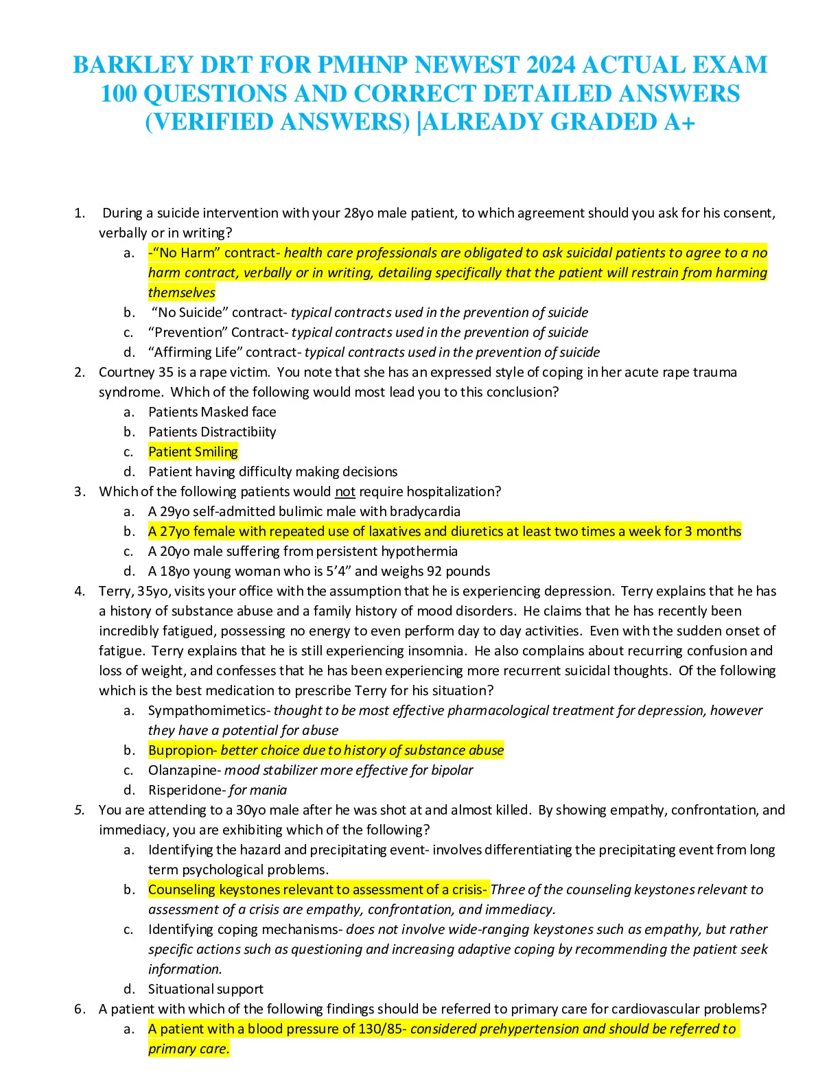 BARKLEY DRT FOR PMHNP NEWEST 2024 ACTUAL EXAM 100 QUESTIONS AND CORRECT ...