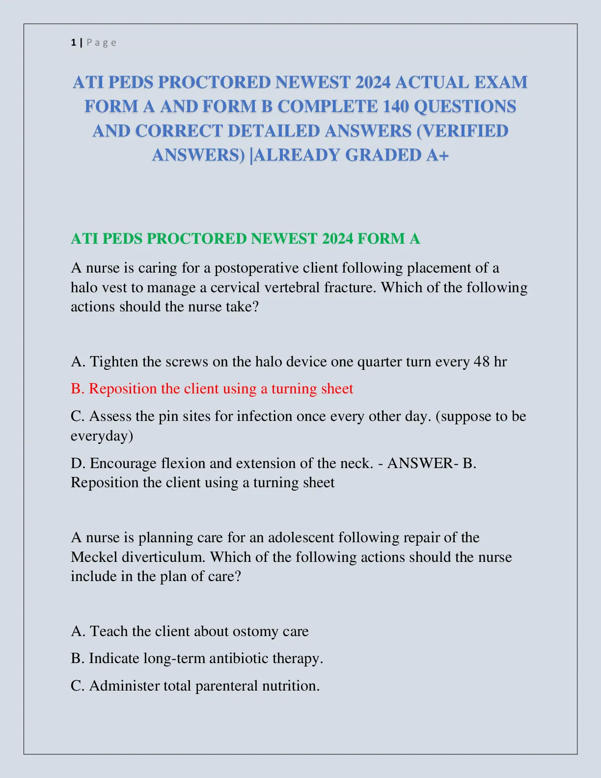 ATI PEDS PROCTORED NEWEST 2024 FORM A AND FORM B COMPLETE 140 QUESTIONS ...