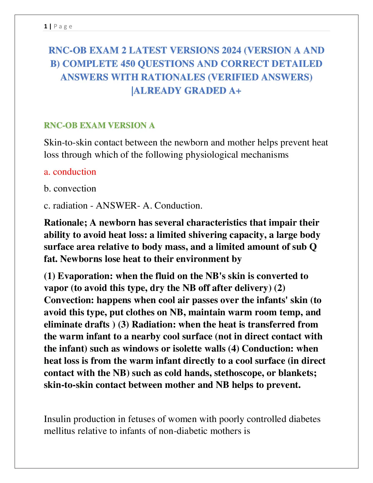 RNC-OB EXAM 2 LATEST VERSIONS 2024 (VERSION A AND B) COMPLETE 450 ...