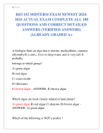 BIO 152 MIDTERM EXAM NEWEST 2024 2025 ACTUAL EXAM COMPLETE ALL 100  QUESTIONS AND CORRECT ANSWERS