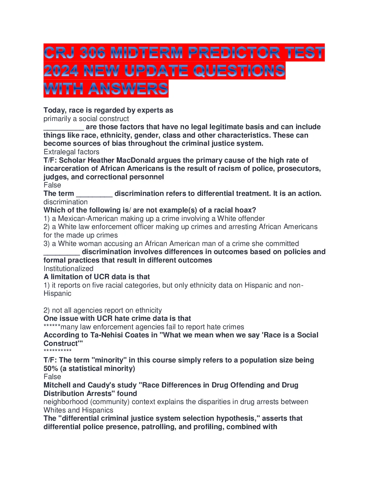 CRJ 306 MIDTERM PREDICTOR TEST 2024 NEW UPDATE QUESTIONS WITH ANSWERS ...