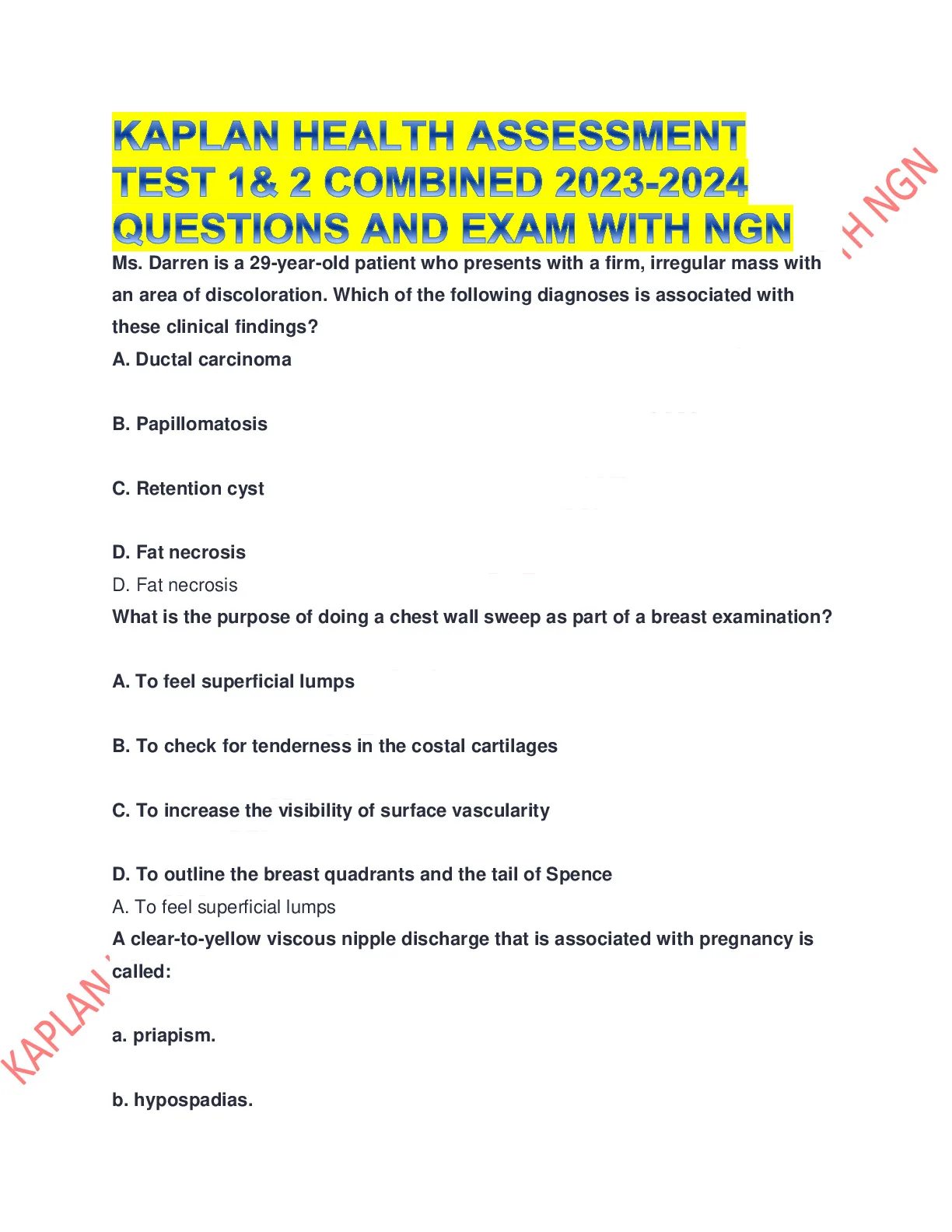 KAPLAN HEALTH ASSESSMENT TEST 1& 2 COMBINED 2023-2024 QUESTIONS AND ...