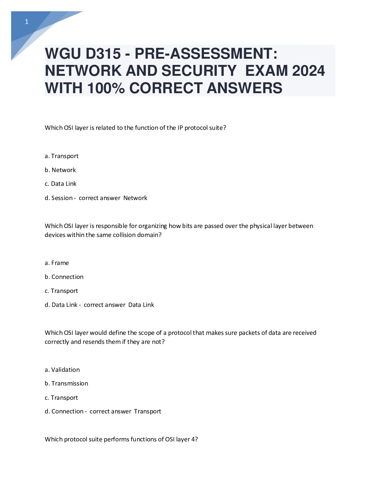WGU D315 - PRE-ASSESSMENT: NETWORK AND SECURITY  EXAM 2024 WITH 100% CORRECT ANSWERS