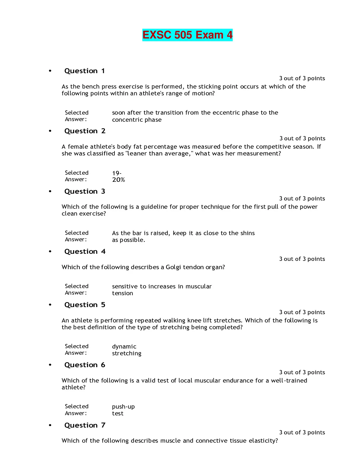 EXSC 505 FOUNDATIONS OF HUMAN PERFORMANCE | EXSC 505 Exam 4 - DocMerit