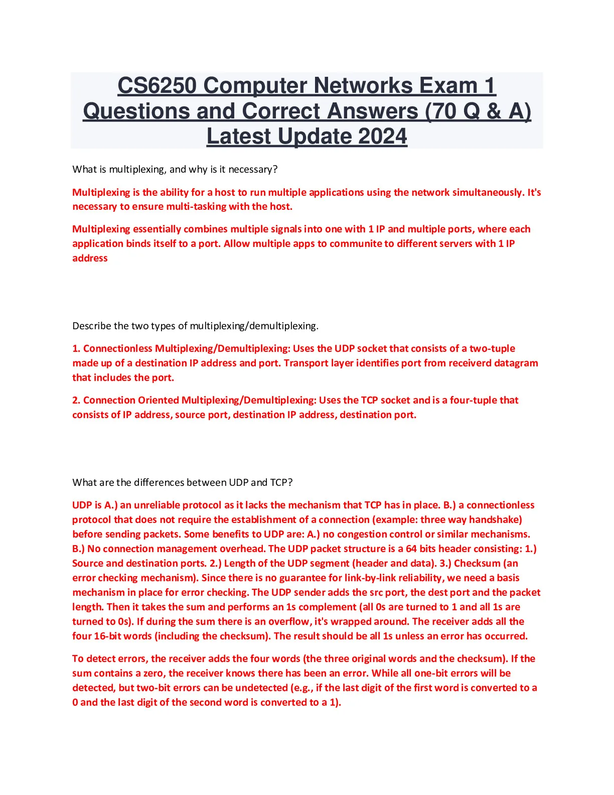CS6250 Computer Networks Exam 1 Questions and Correct Answers (70 Q and ...