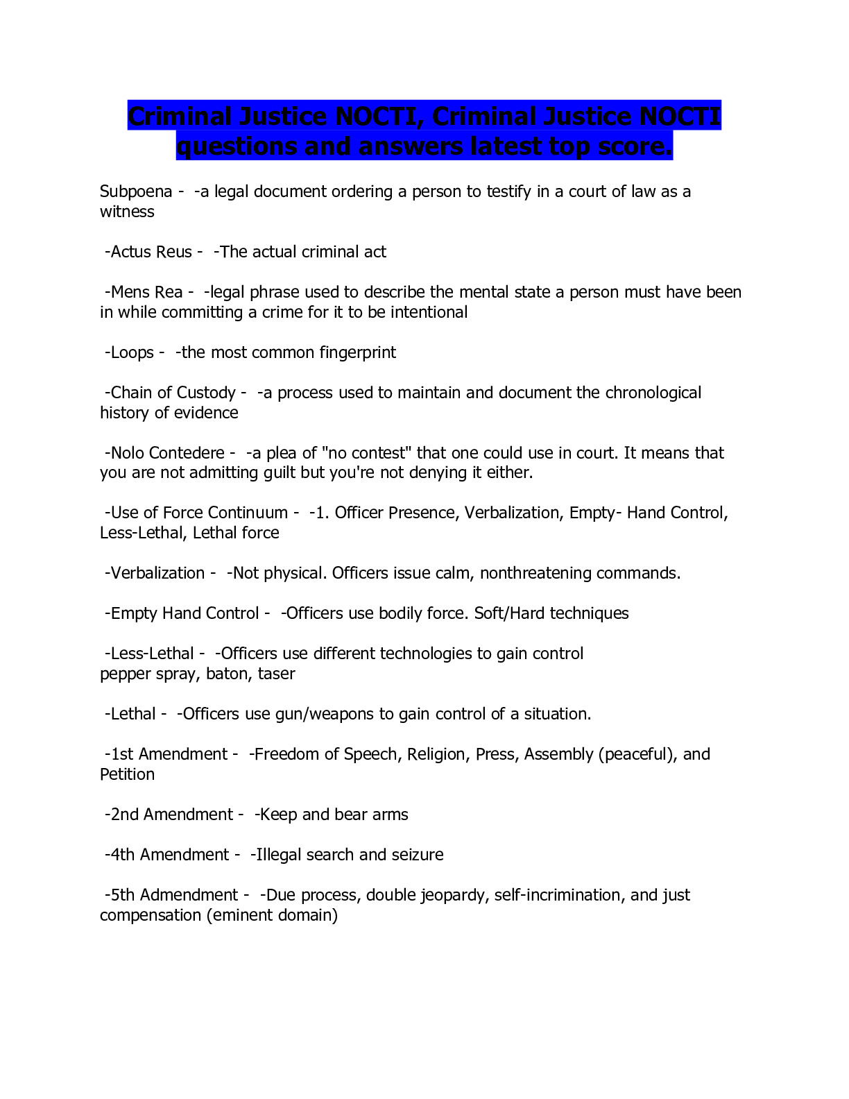 Criminal Justice NOCTI, Criminal Justice NOCTI questions and 