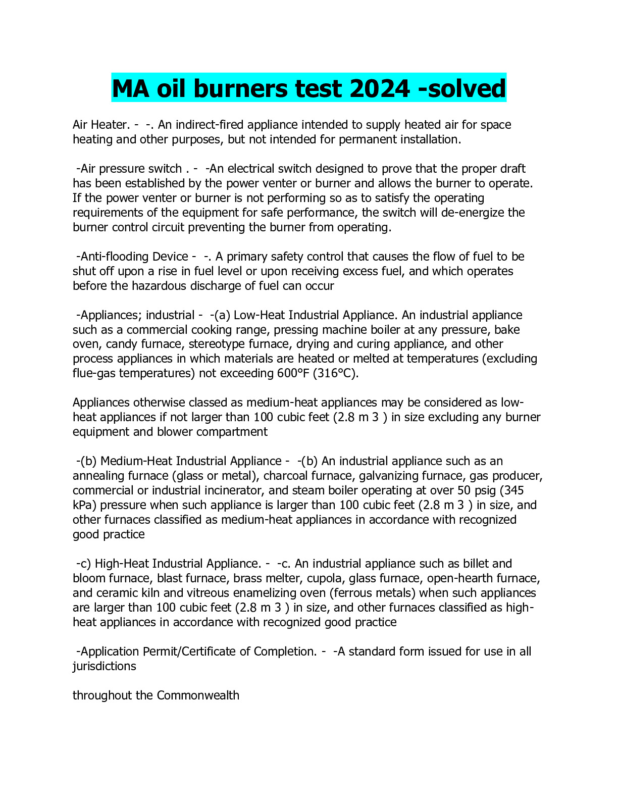 MA oil burners test 2024 -solved - DocMerit