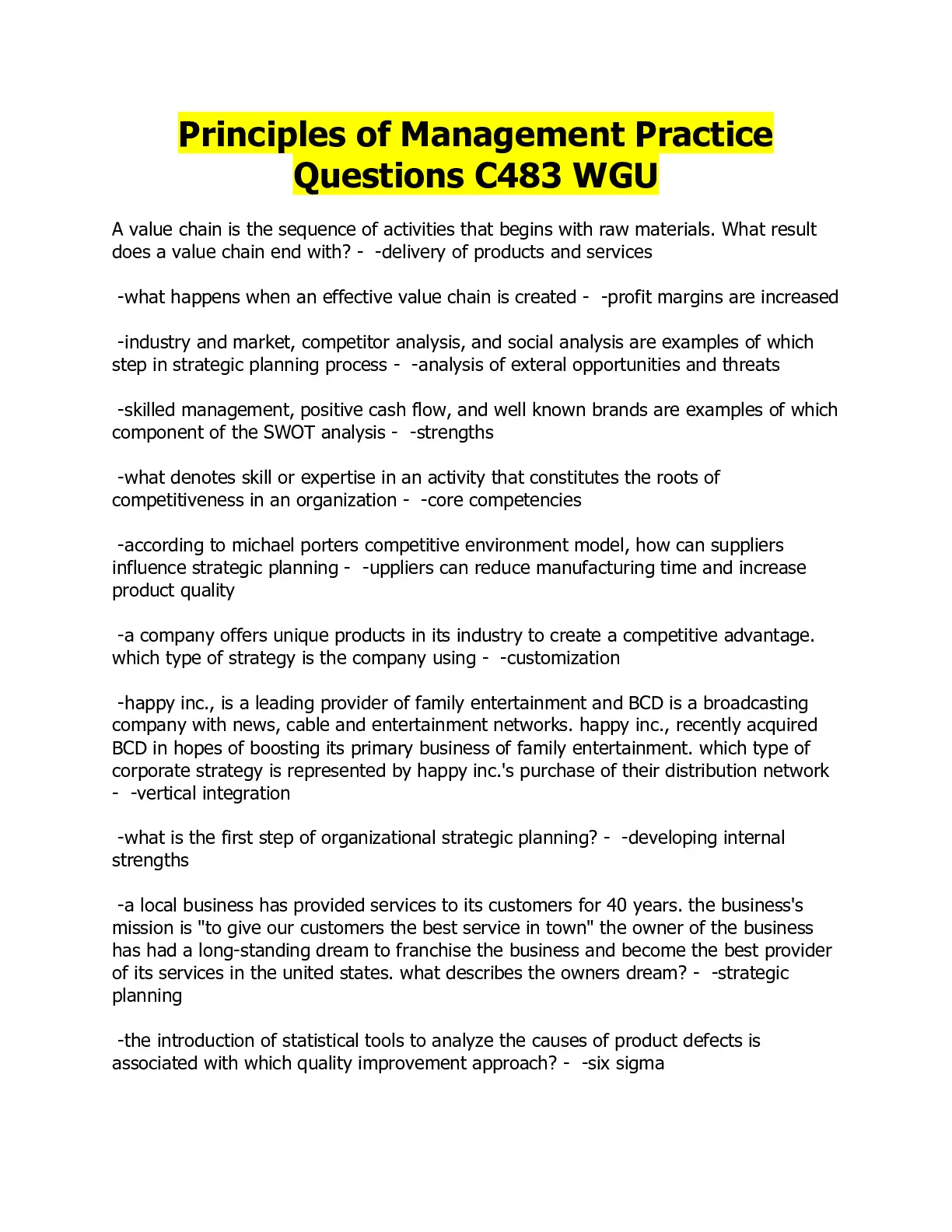 Principles of Management Practice Questions C483 WGU questions with ...