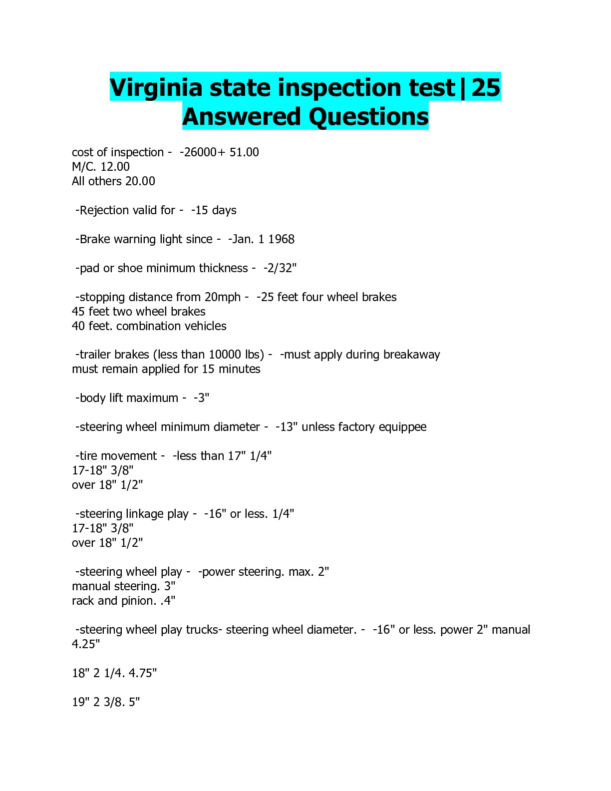 virginia state inspection Exam|60 Questions and Answers 2024 - DocMerit