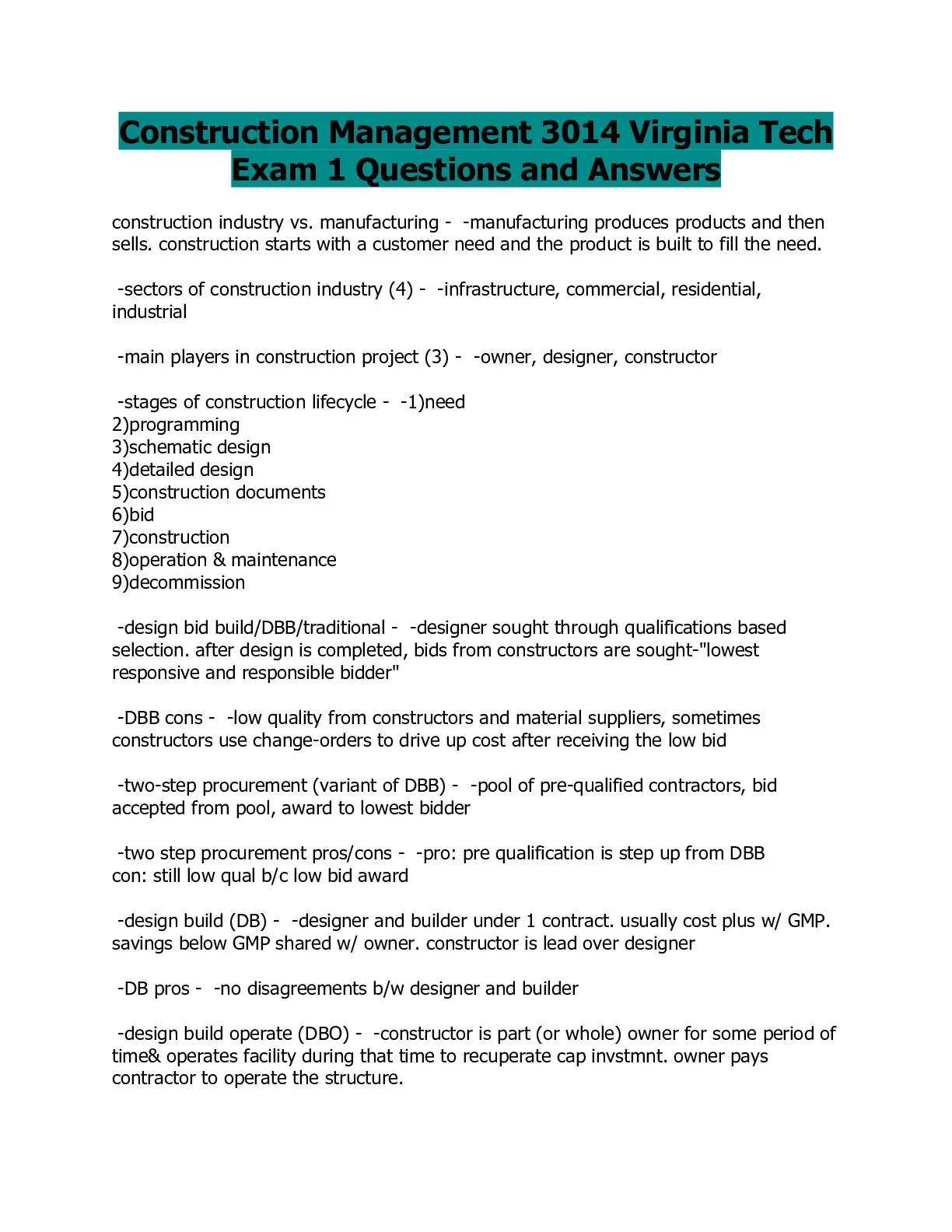 Construction Management 3014 Virginia Tech Exam 1 Questions and Answers ...