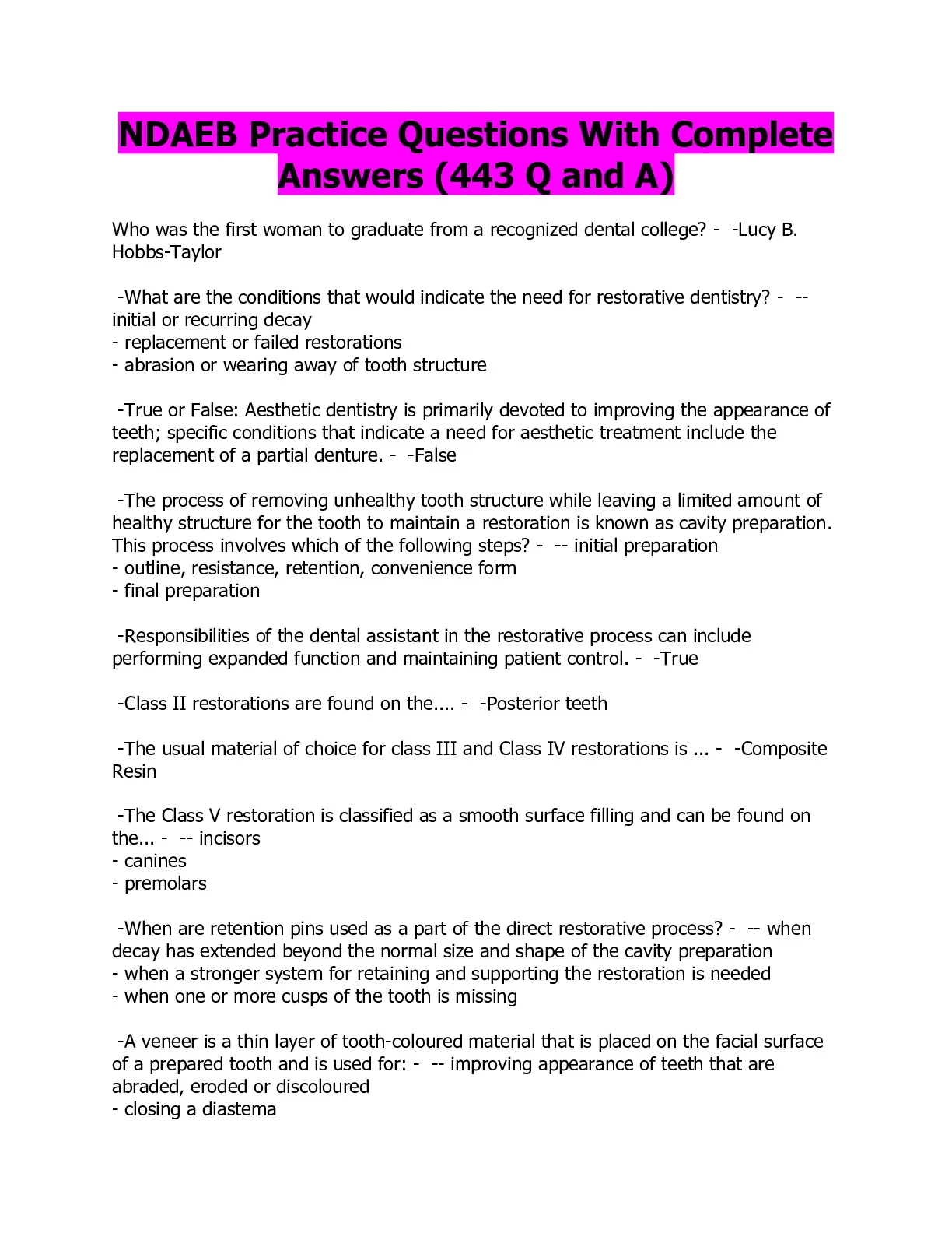 NDAEB Practice Questions With Complete Answers (443 Q and A) - DocMerit