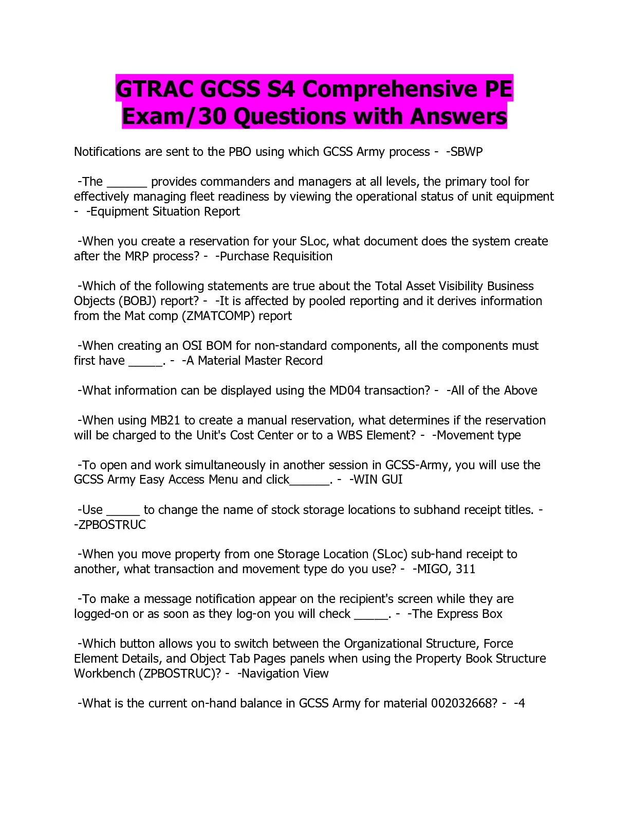 GTRAC GCSS S4 Comprehensive PE Exam/30 Questions with Answers - DocMerit