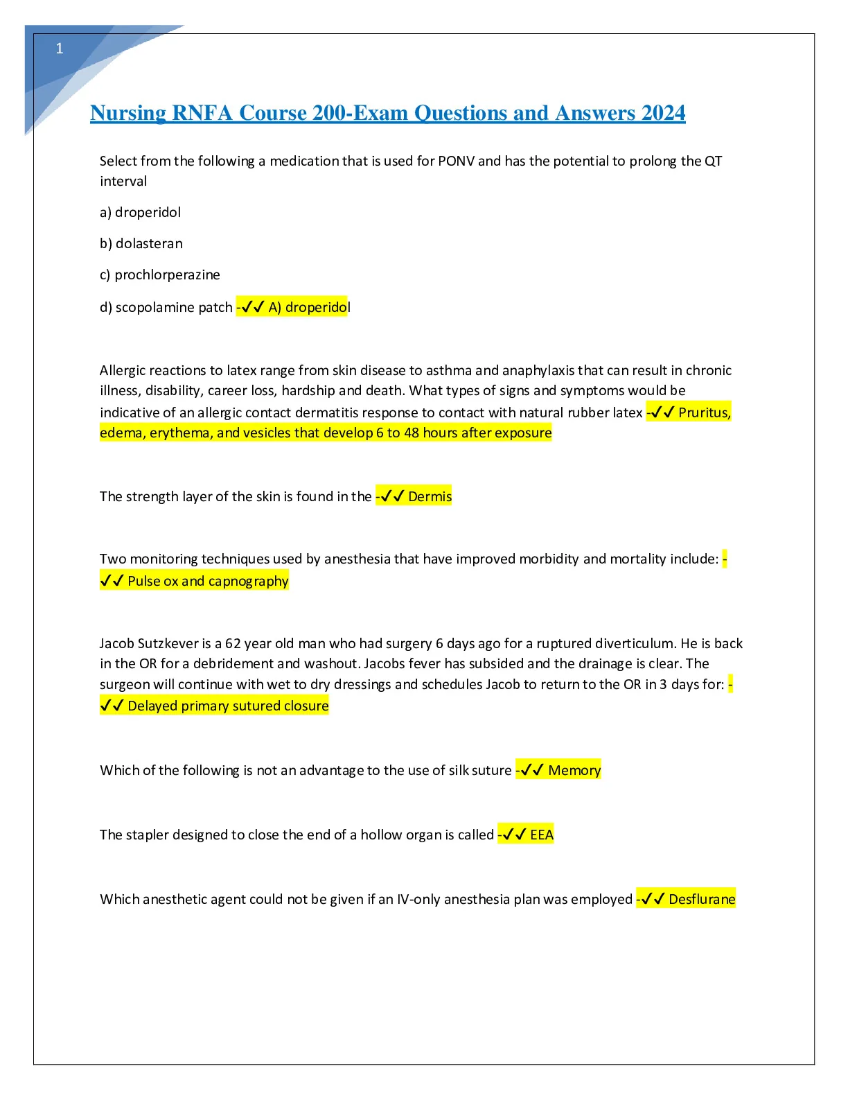 RNFA FINAL PRACTICE (Complete Questions and Answers, 100% Correct ...